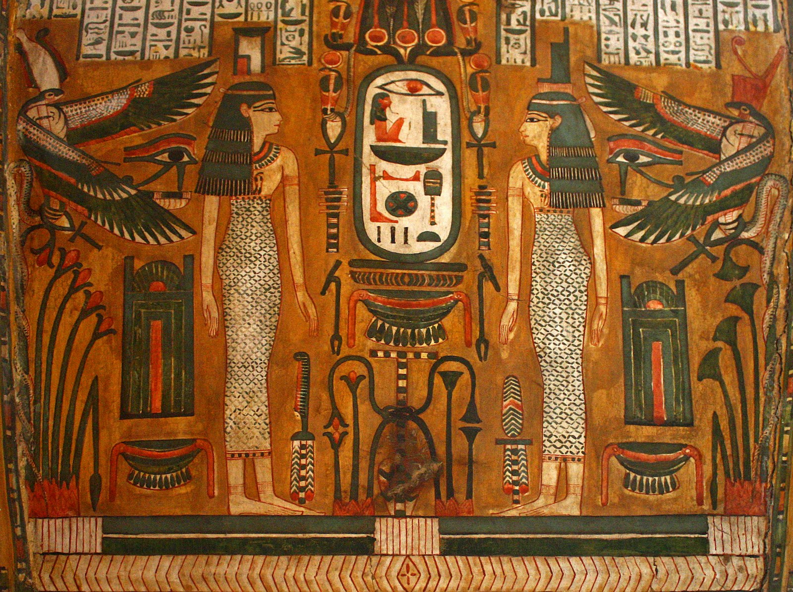 Coffin of Imenemipet detail showing Osiris with Isis and Nephthys