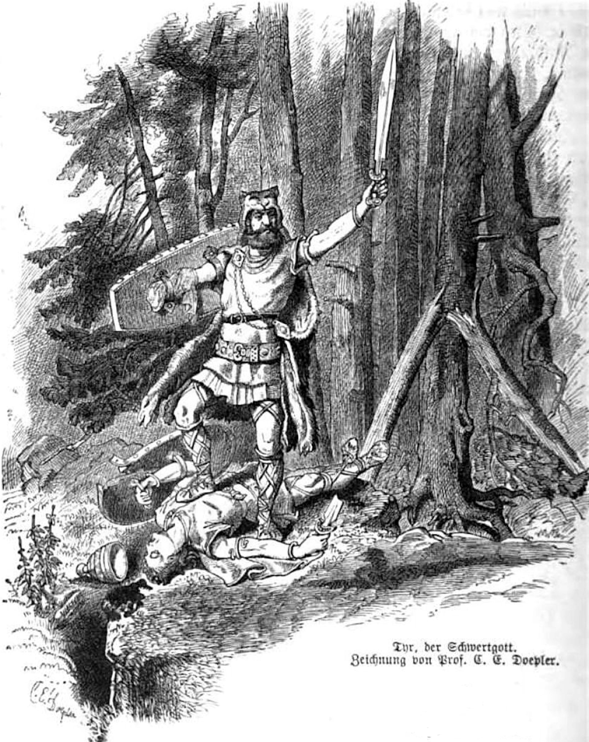 Portrait of Tyr, the norse god of war with a warrior