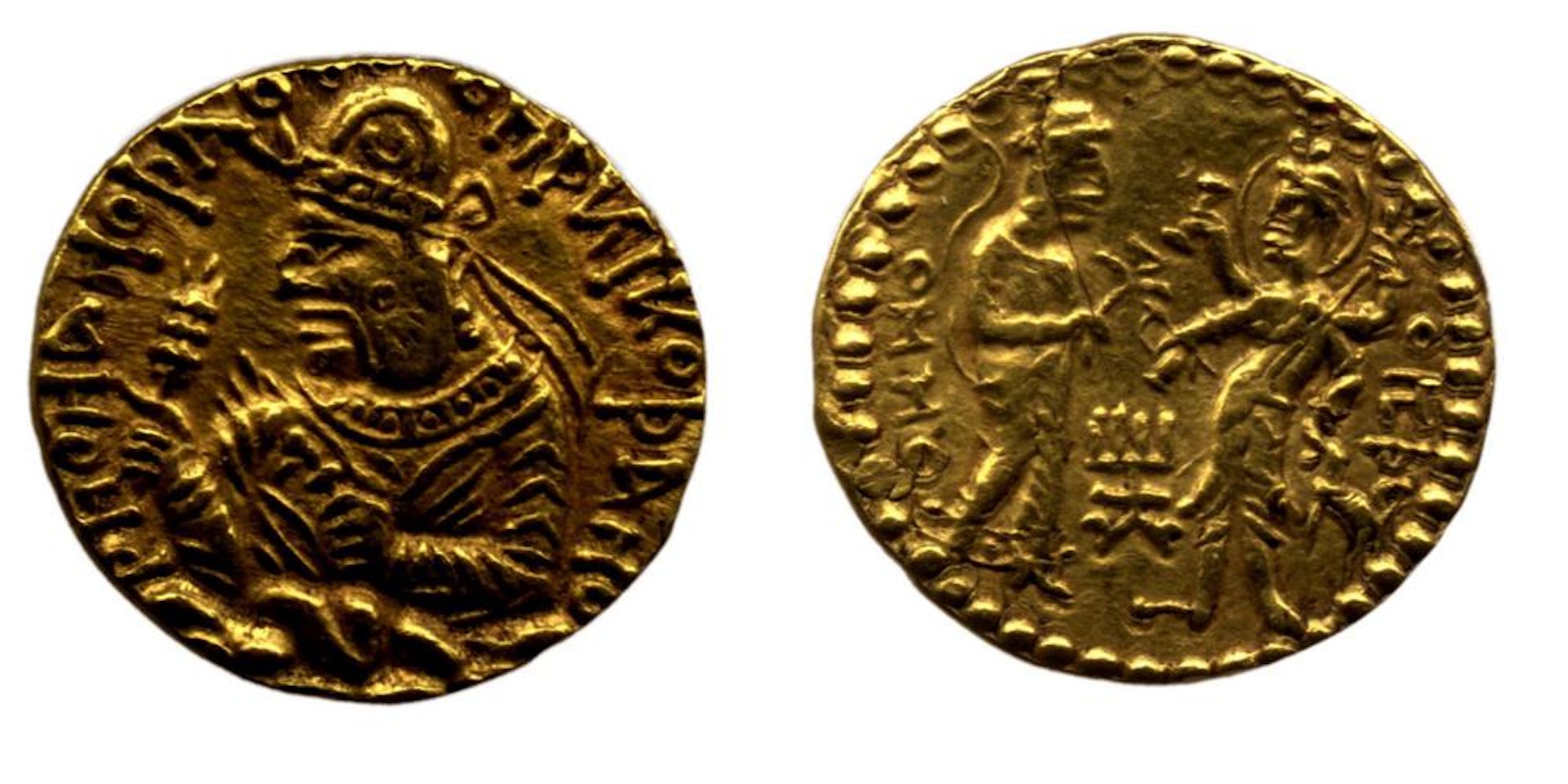 Gold coin of King Huvishka with Uma (Parvati) and Wesho (possibly Shiva) on the reverse, ca. 150 CE.