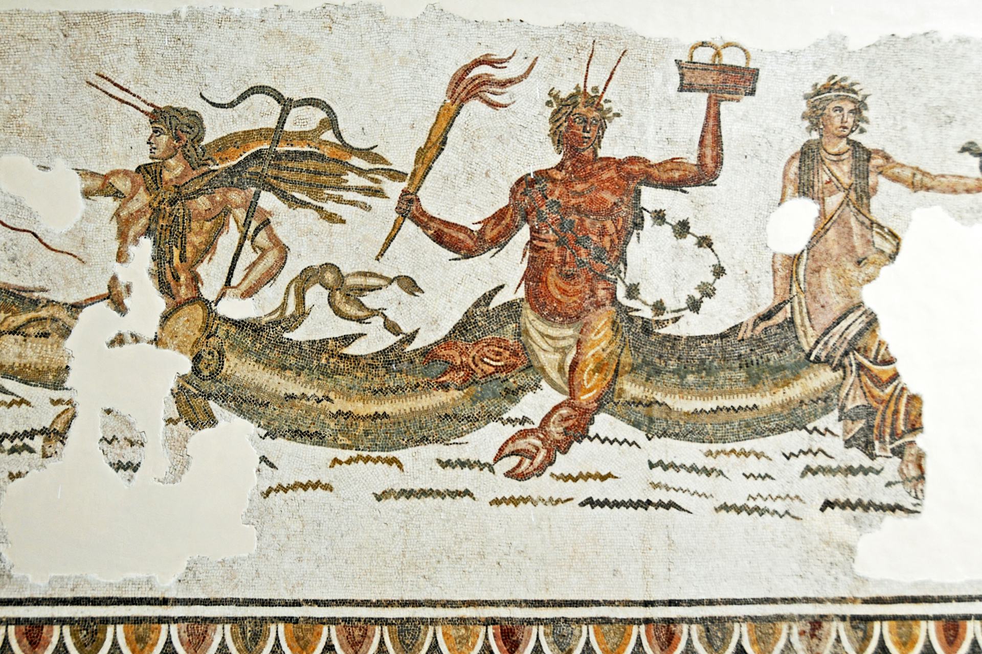Roman mosaic possibly showing Ceto with Phorcys, Thaumas, and Triton