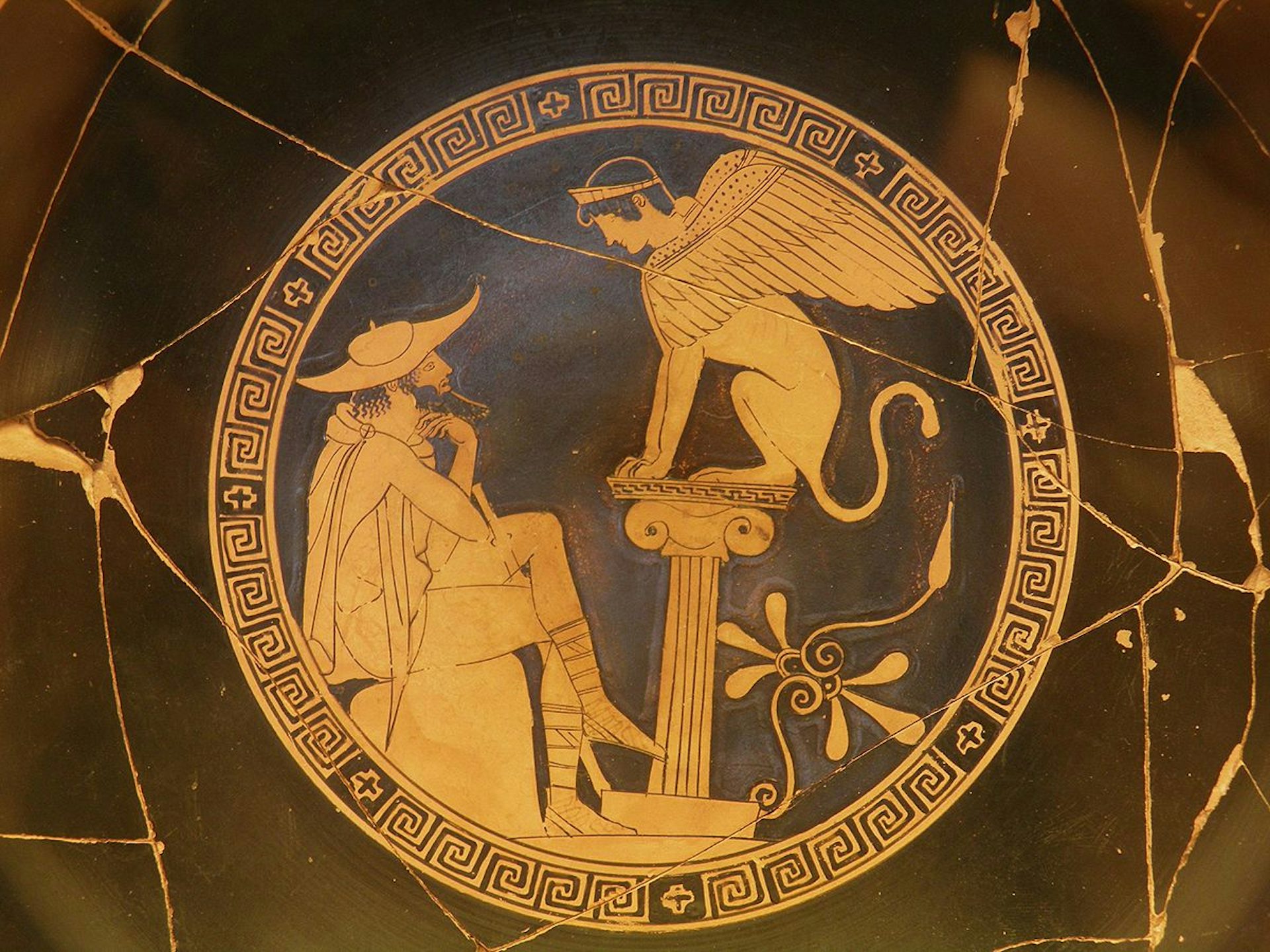 Oedipus and the Sphinx of Thebes, Red Figure Kylix, c. 470 BC, from Vulci, attributed to the Oedipus Painter, Vatican Museums (9665213064)