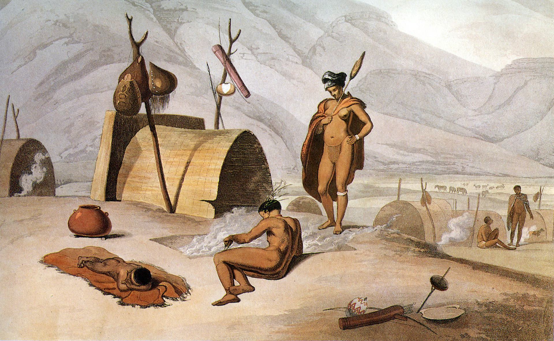 Khoisan engaged in roasting grasshoppers on grills, by Samuel Daniell (1805).
