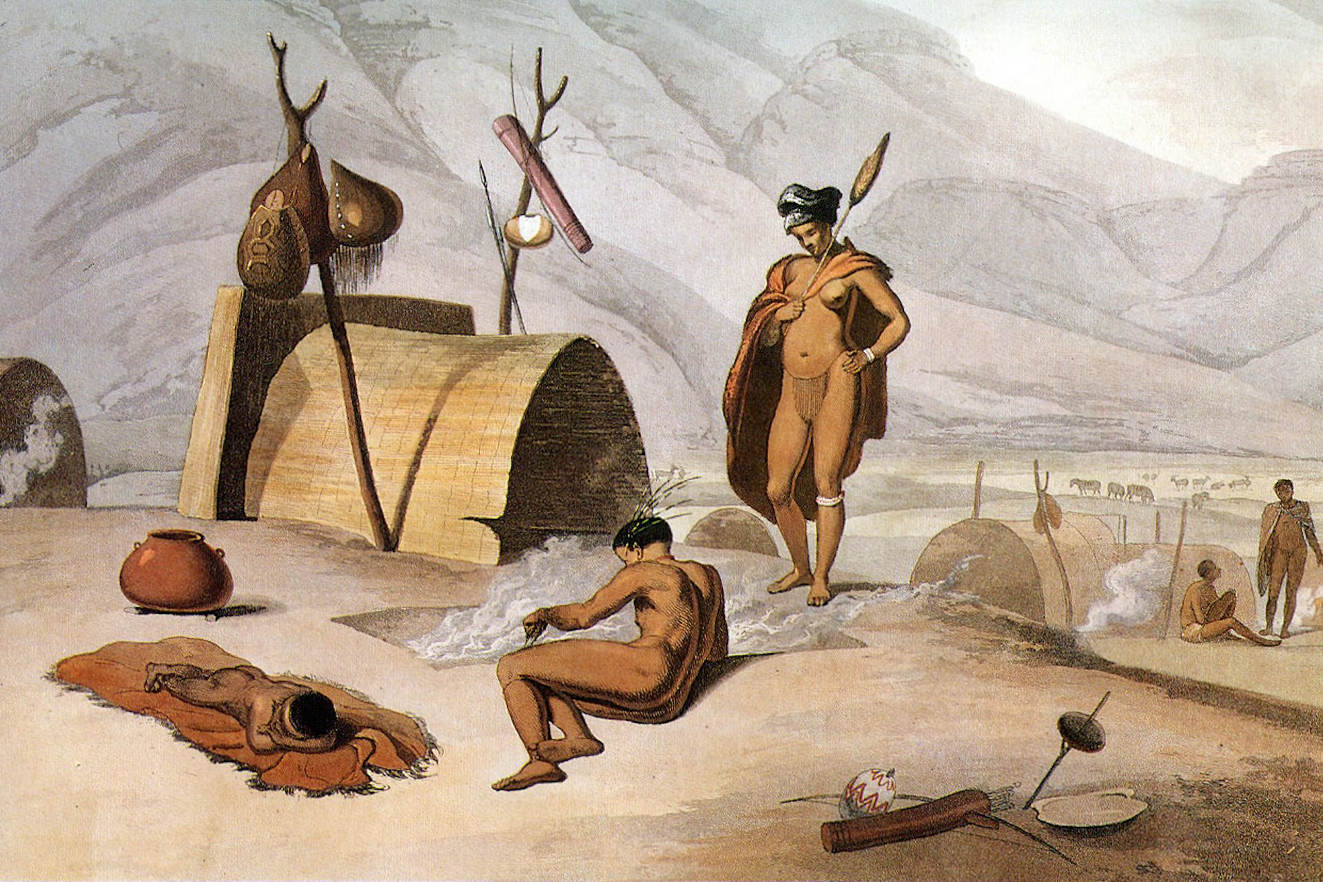 Khoisan engaged in roasting grasshoppers on grills, by Samuel Daniell (1805).