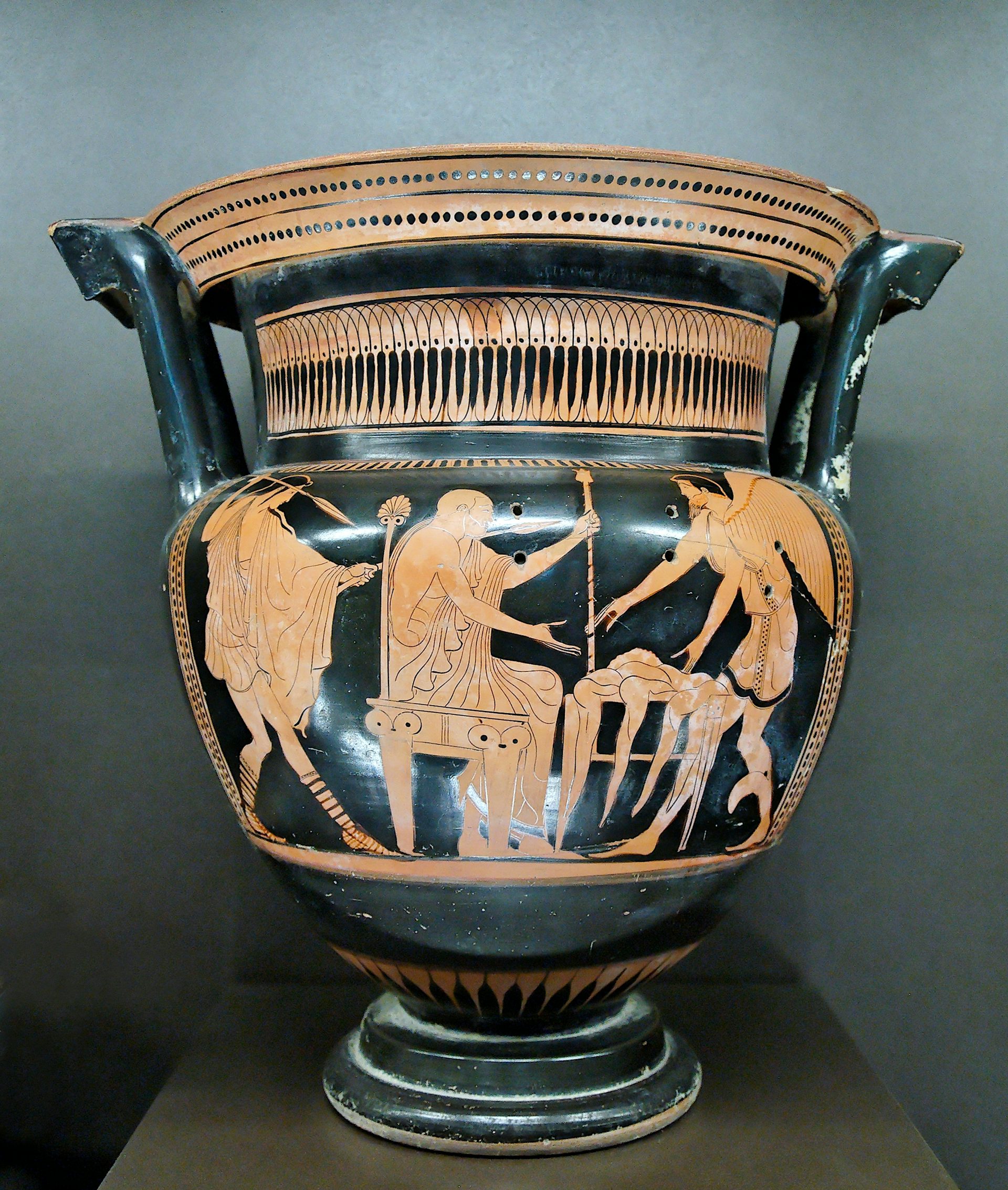 Boreads rescue Phineas from the harpies red figure column krater, 460 BCE