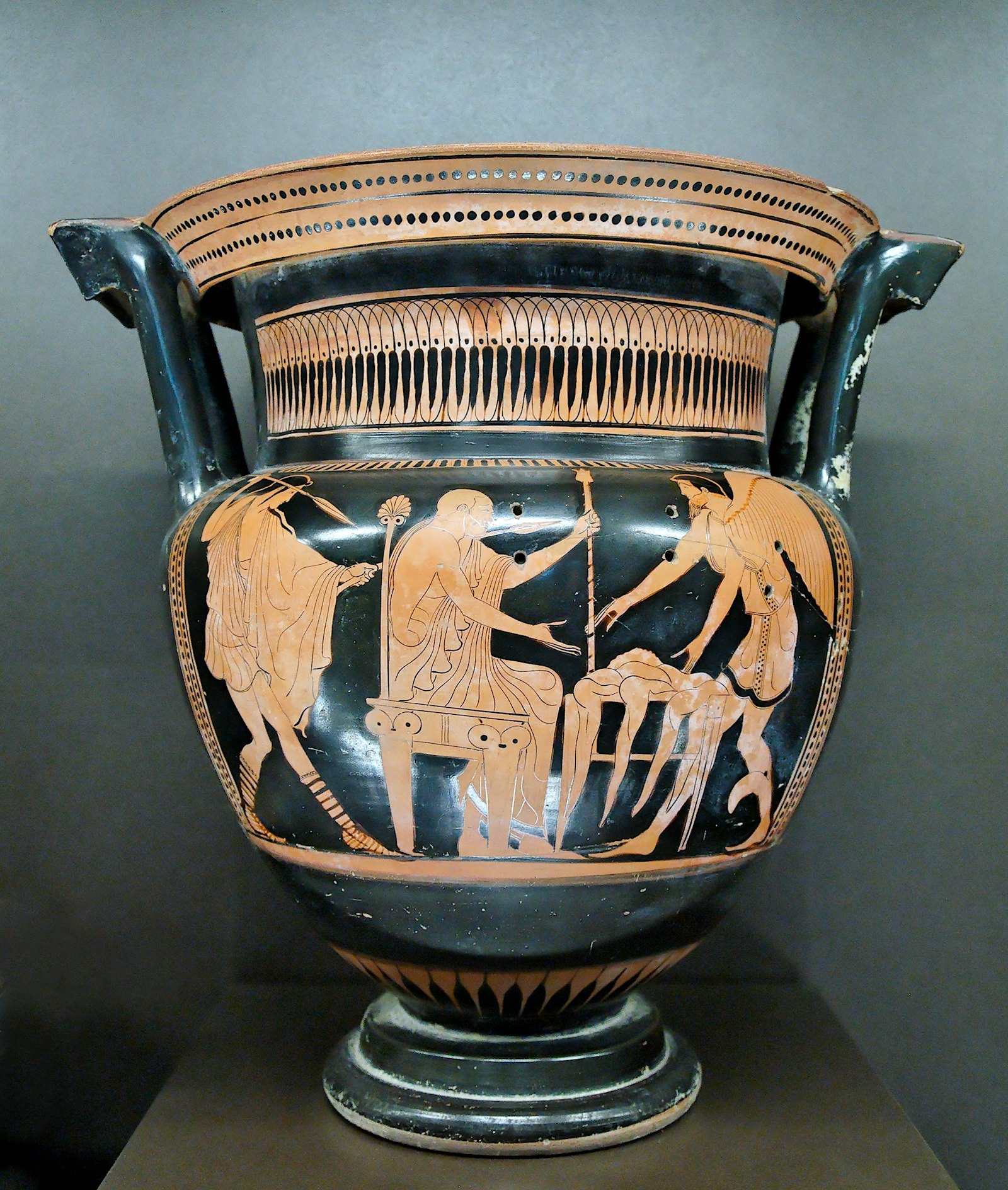Boreads rescue Phineas from the harpies red figure column krater, 460 BCE