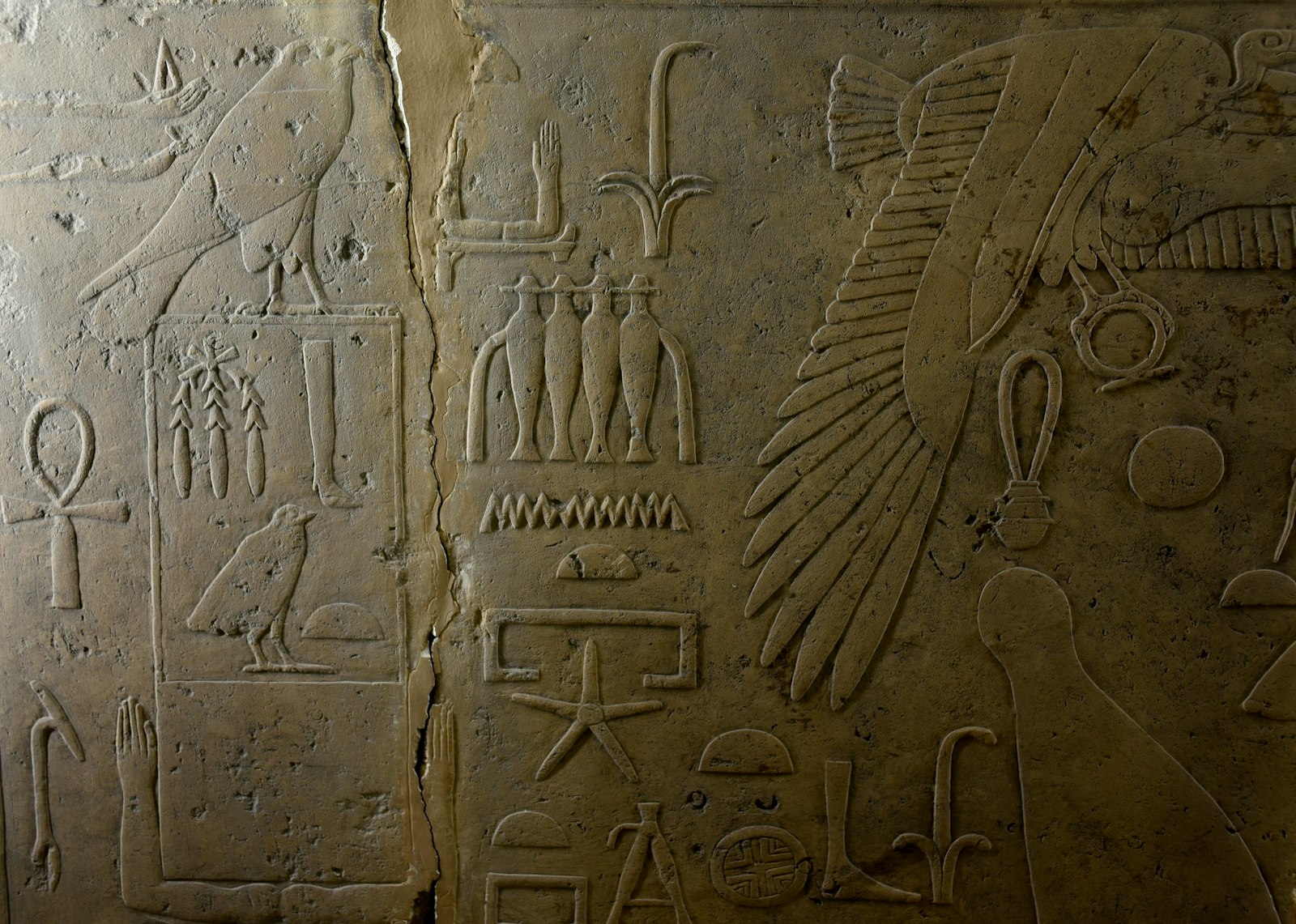 limestone wall block with serekh and Horus falcon