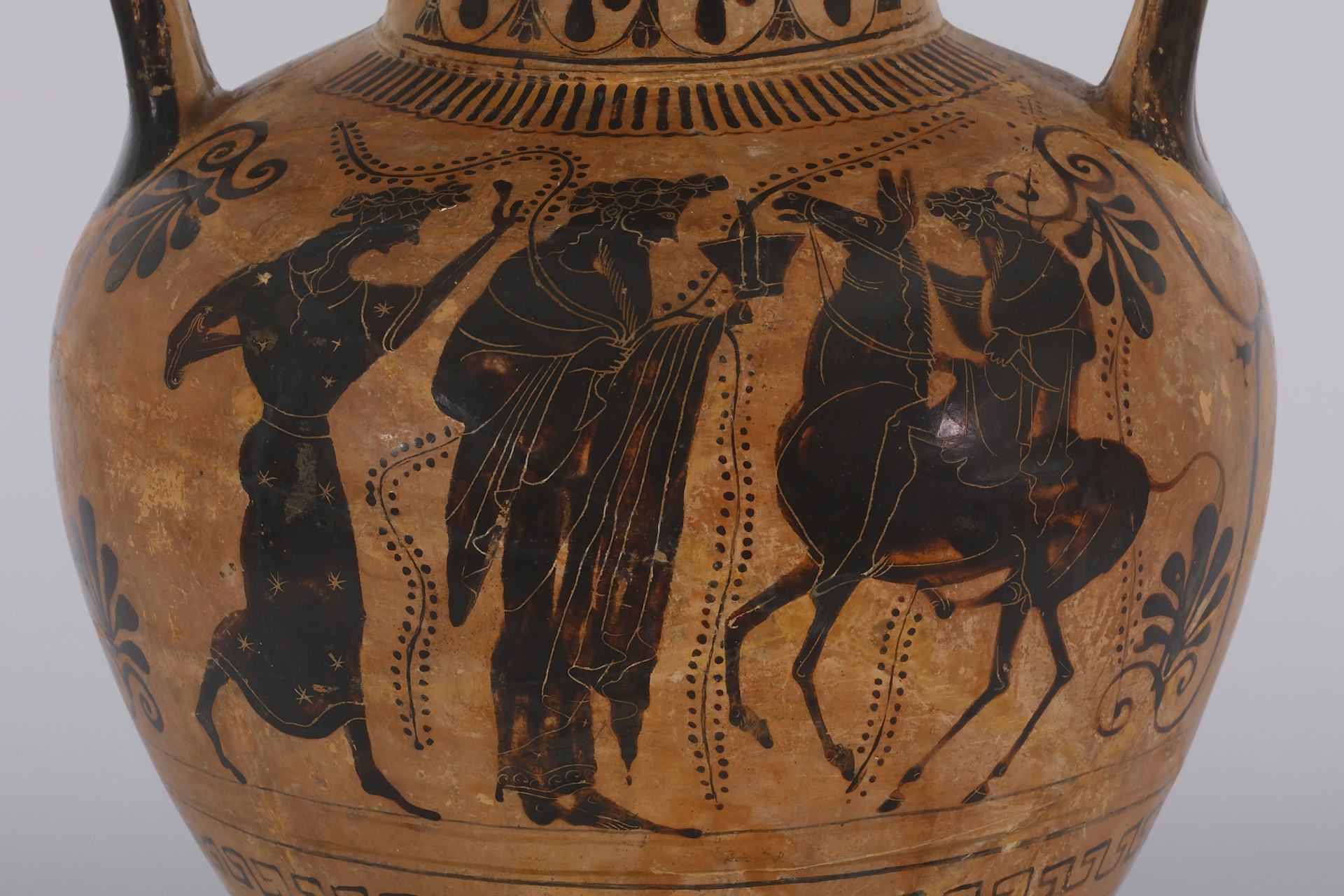 Vase painting of Dionysus and Hephaestus with a maenad