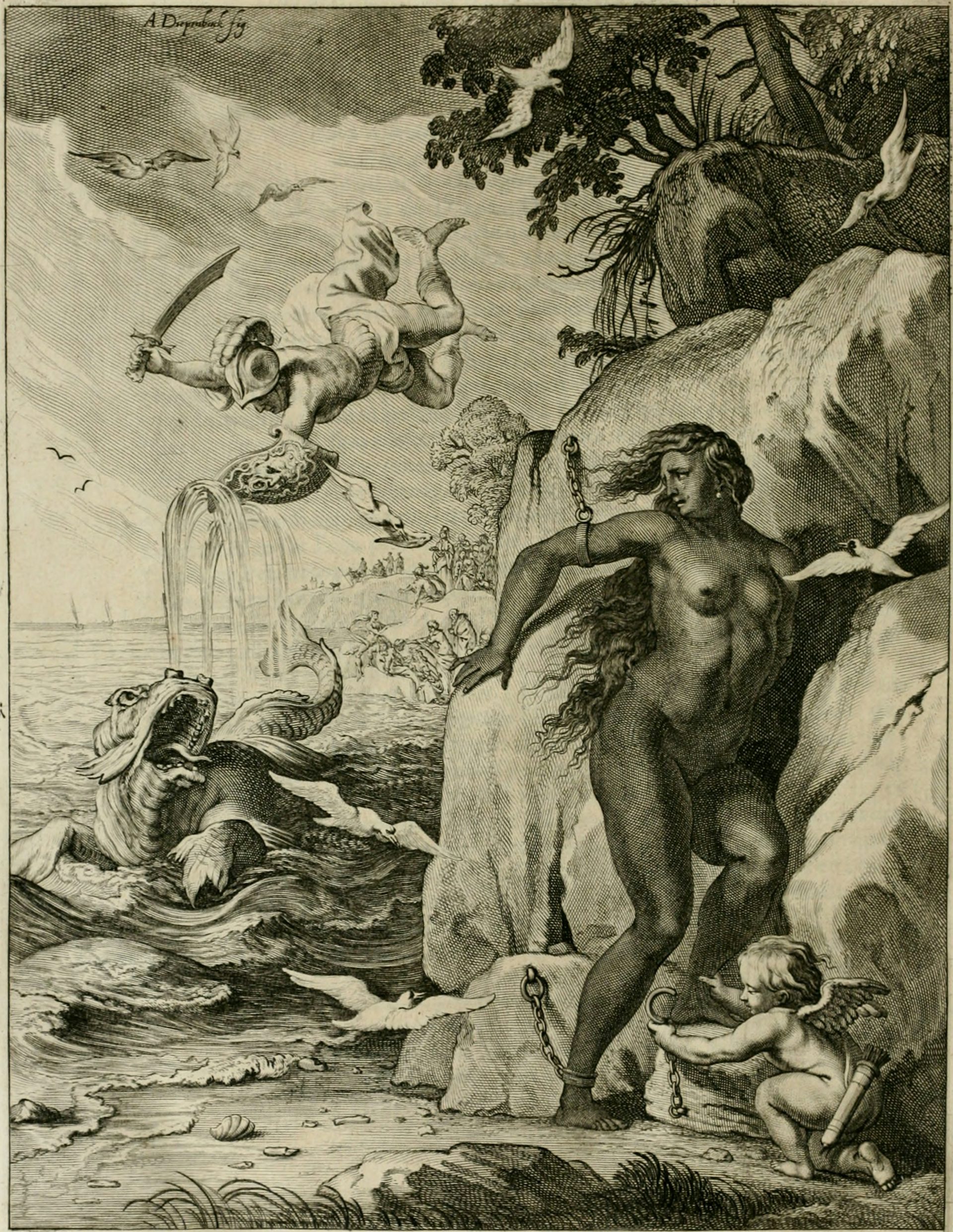 Engraving after Abraham van Diepenbeeck, The Rescue of Andromeda (1632–1635), from M. de Marolles, Tableaux du Temple des Muses (Paris: Nicolas L'Anglois, 1655).