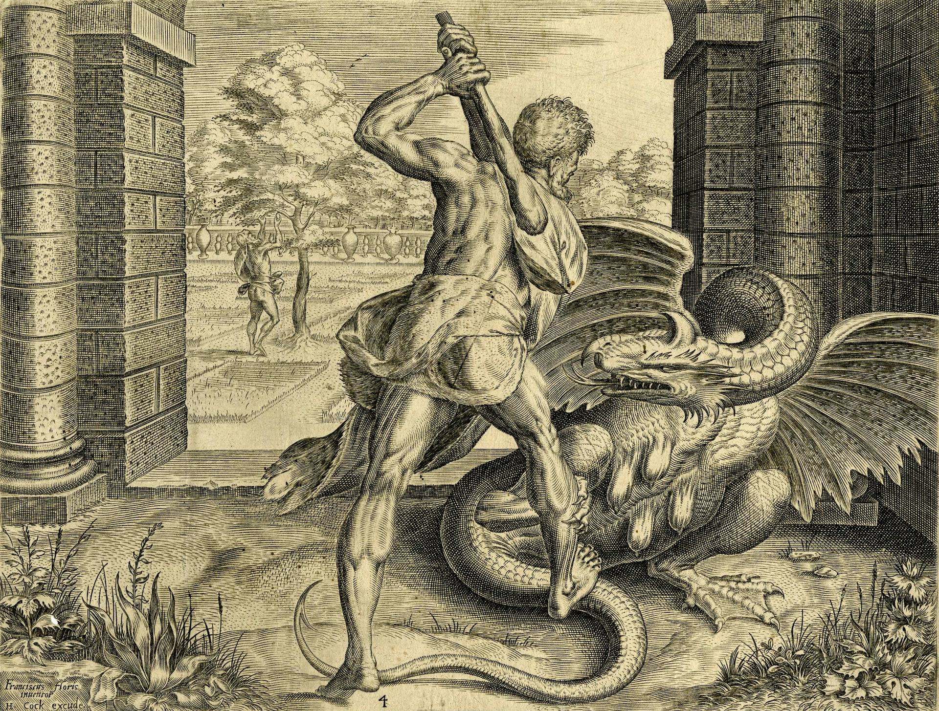 Hercules slaying the dragon Ladon by Cornelis Cort, after Frans Floris (1563)