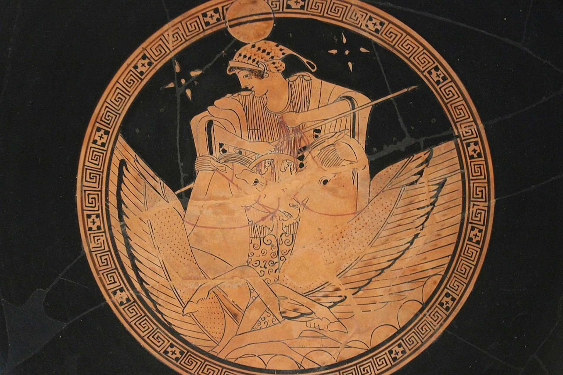 Attic red-figure kylix showing Selene riding the chariot of the moon