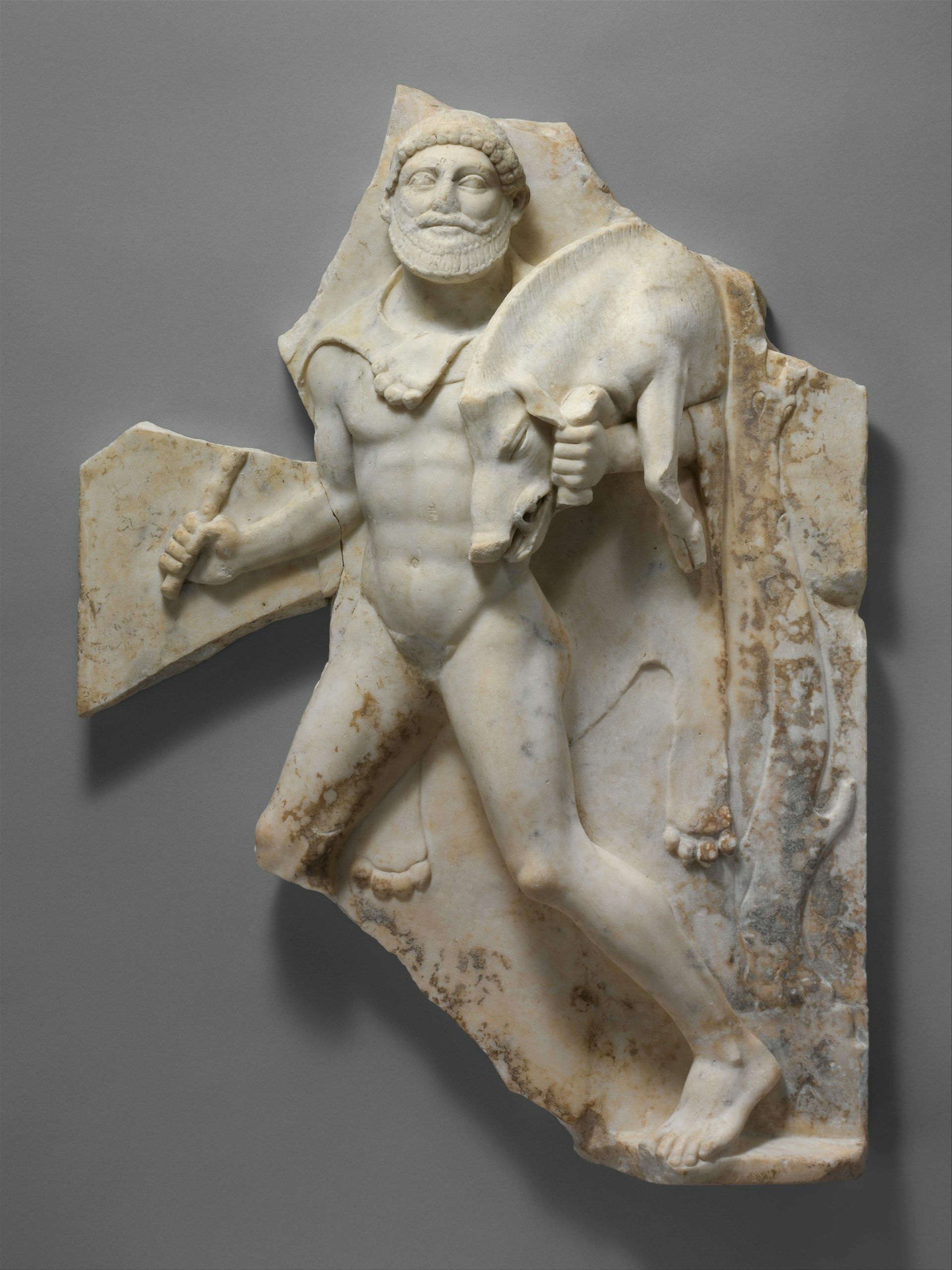 Herakles carrying the Erymanthian boar, Roman marble relief