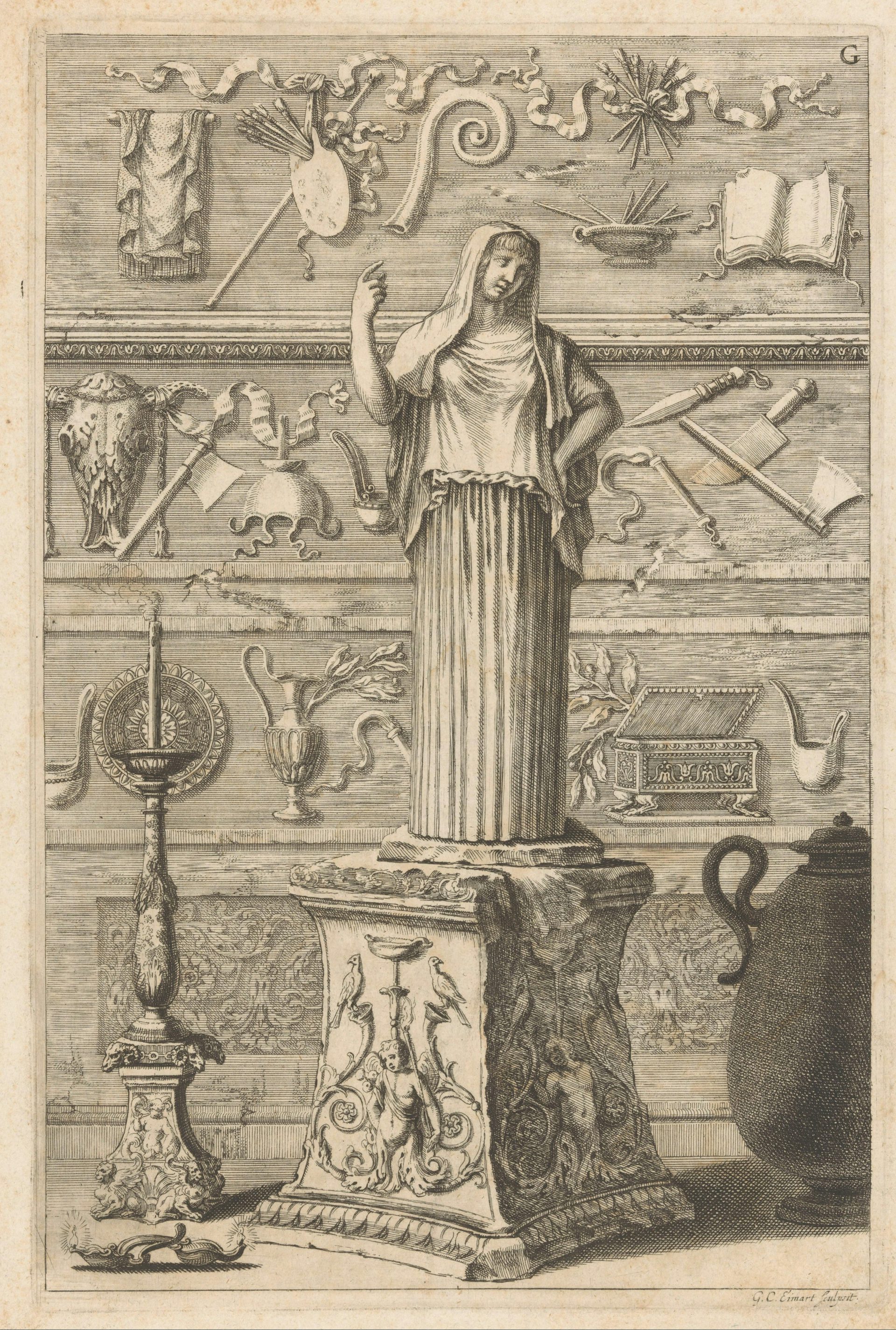 Roman Fragments with Statue of Hestia by Georg Christoph Eimmart II