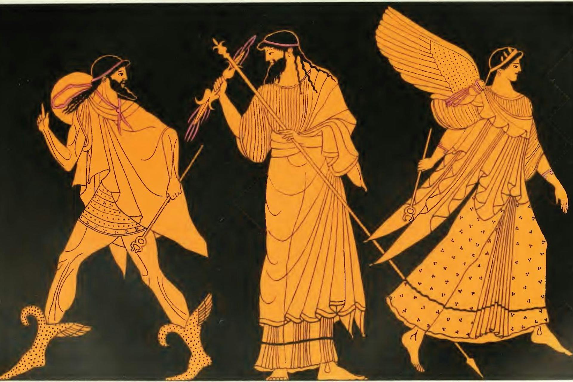 Vase painting of Zeus sending out Iris and Hermes by the Berlin Painter