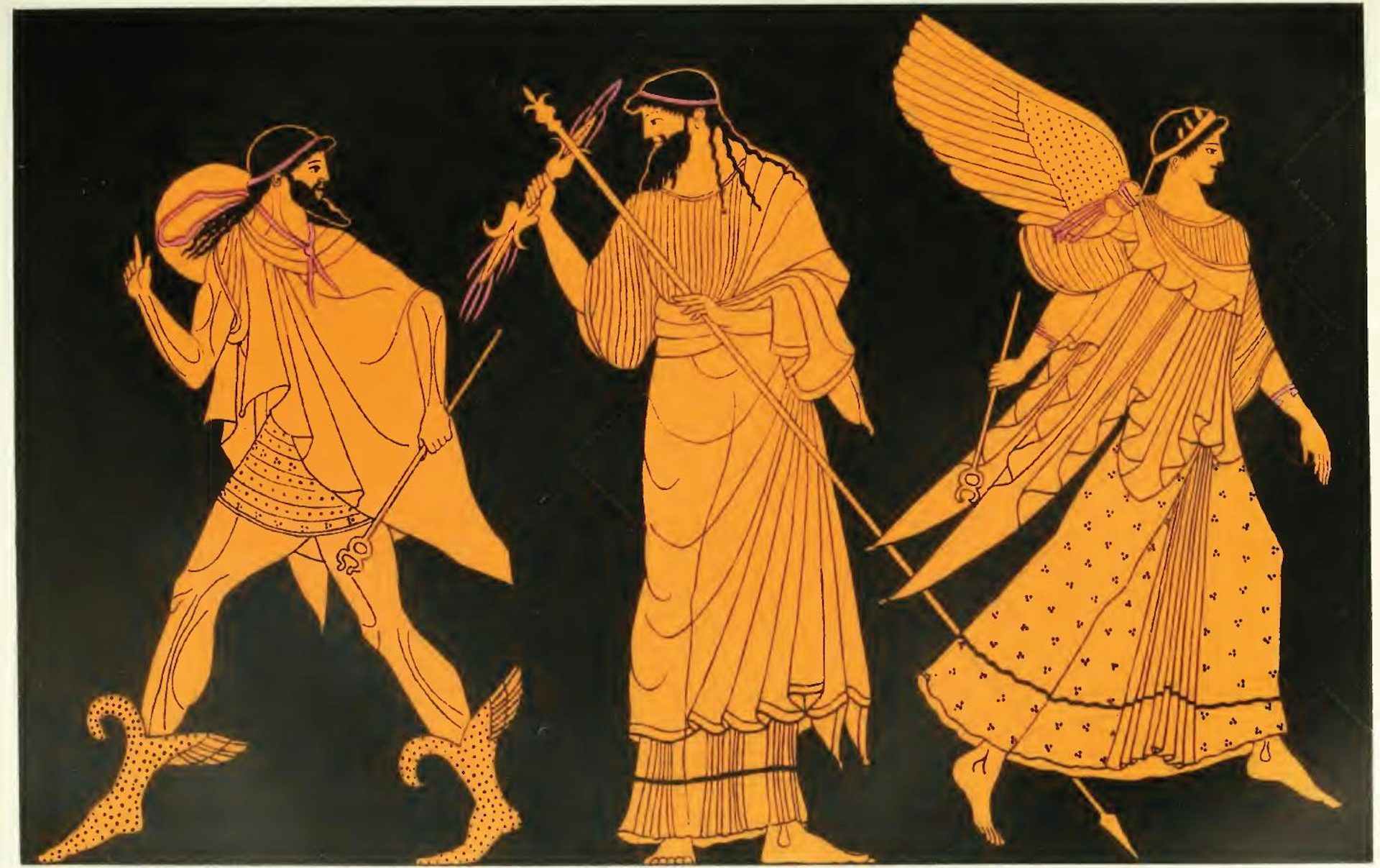 Vase painting of Zeus sending out Iris and Hermes by the Berlin Painter