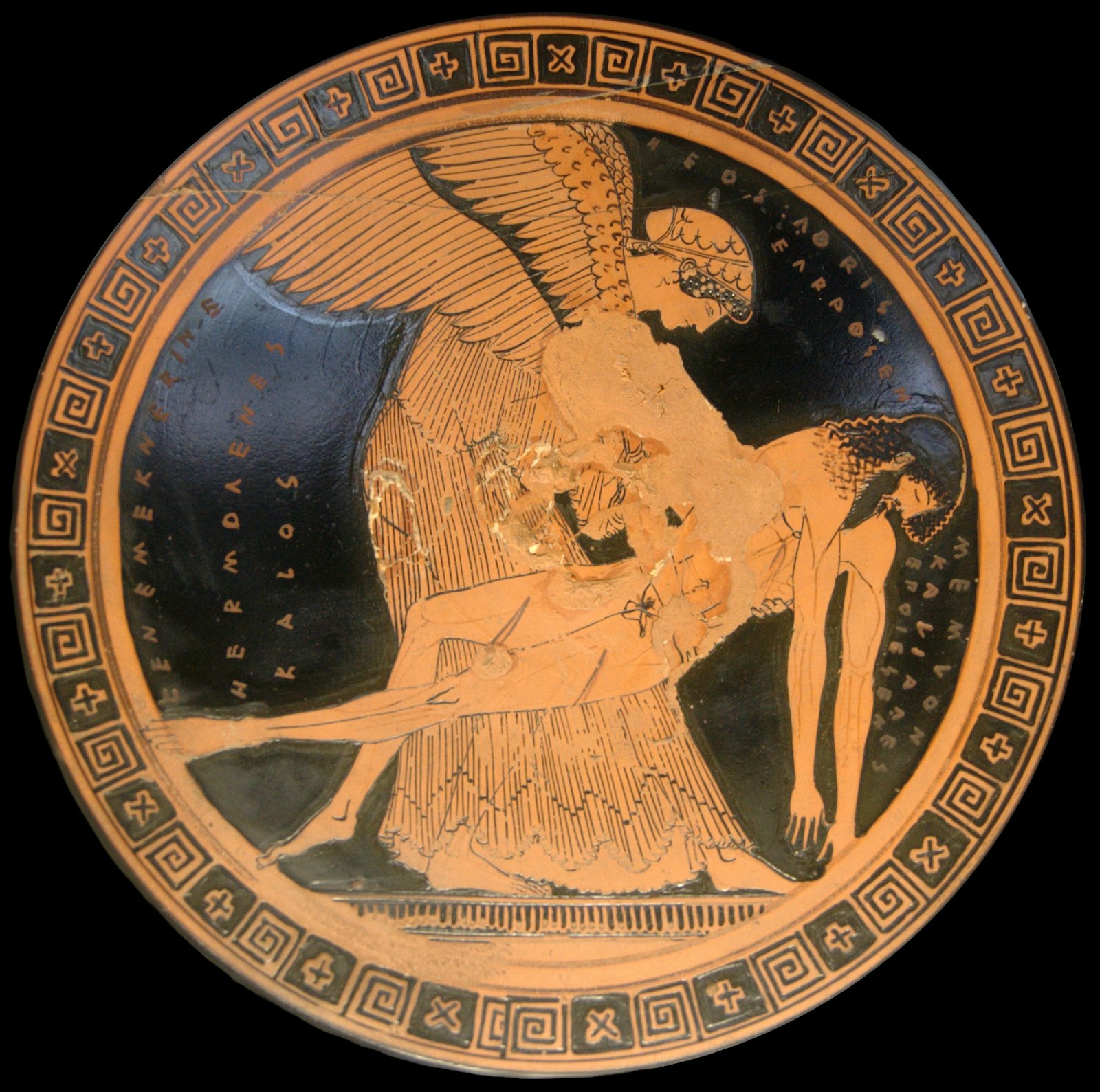 Interior of Attic red-figure cup showing Eos with the body of her dead son Memnon.