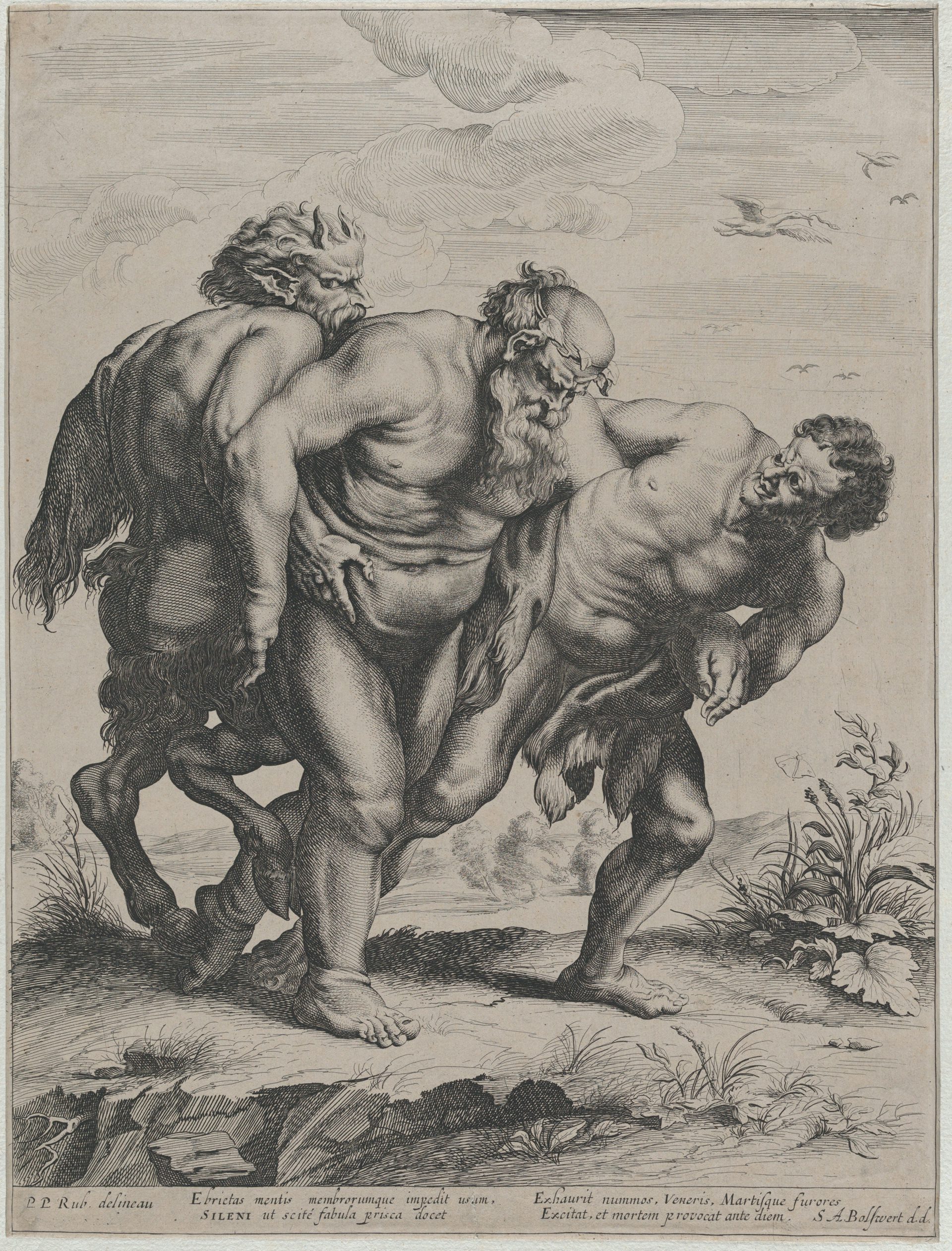 The Drunken Silenus, Supported by a Satyr and a Faun by Schelte Adams à Bolswert after Peter Paul Rubens