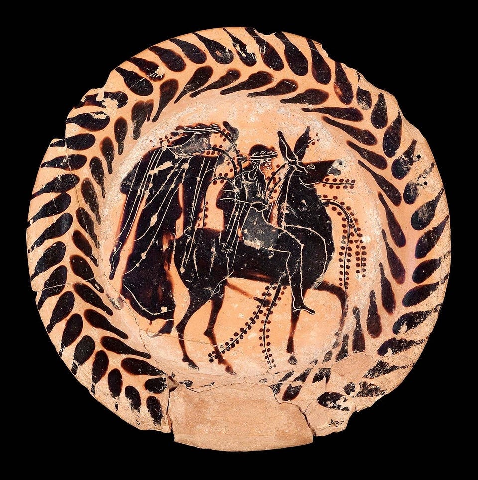 Black Figure Plate with Hephaestus Riding Dionysus Donkey MFA Boston