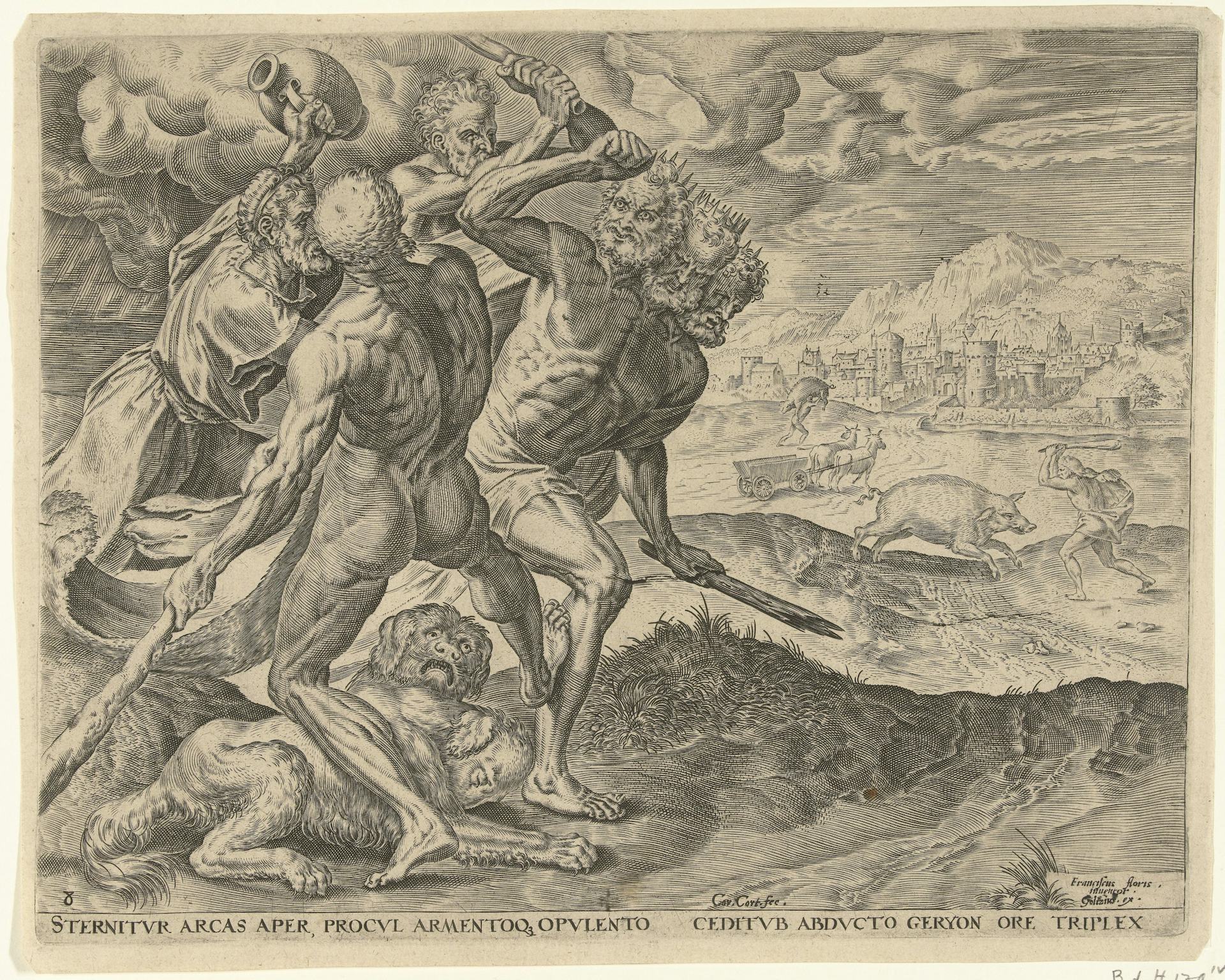 Hercules kills Geryon and his dog by Cornelis Cort, after Frans Floris  (ca. 1563–95)