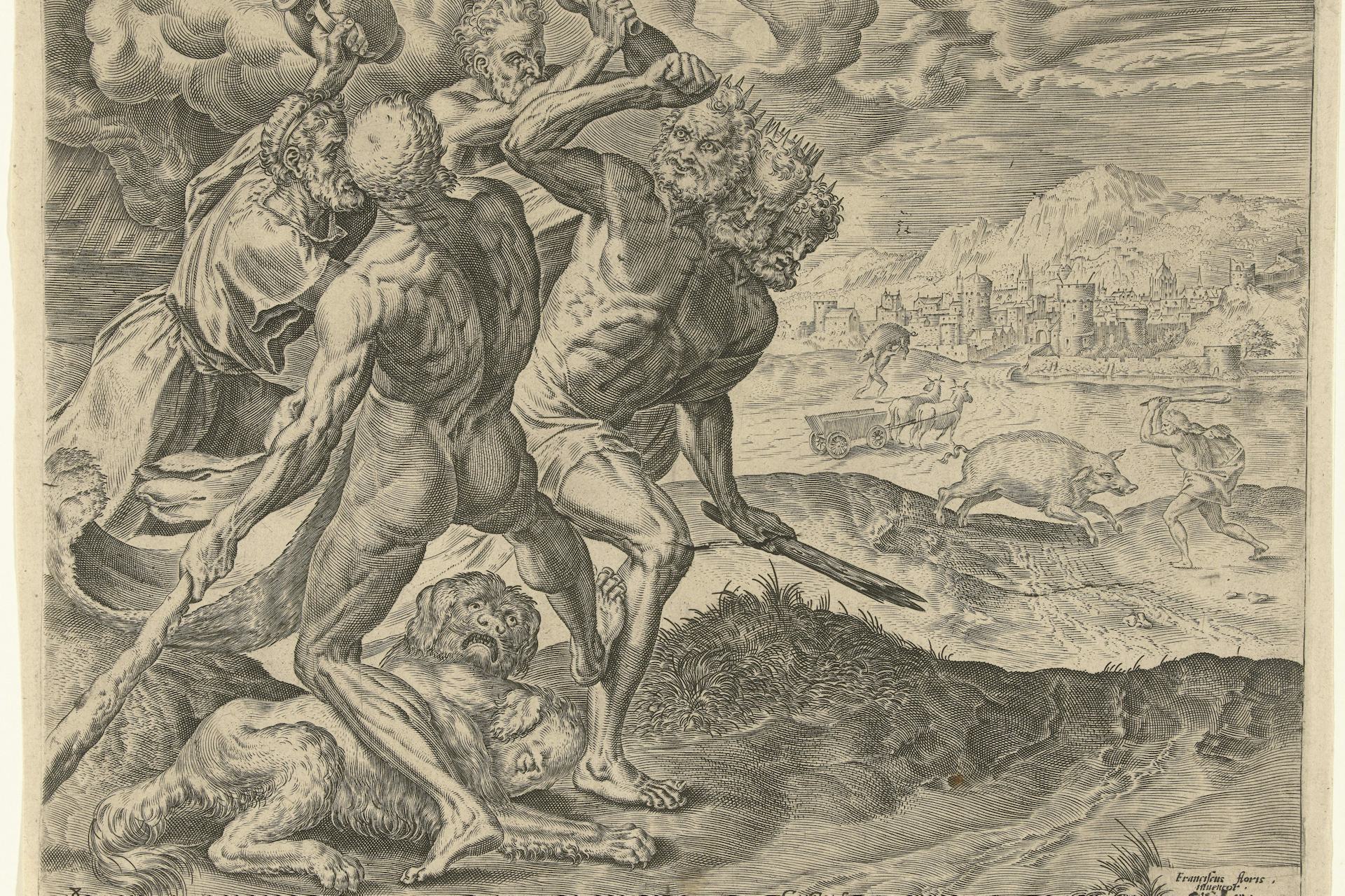 Hercules kills Geryon and his dog by Cornelis Cort, after Frans Floris (ca. 1563–95)