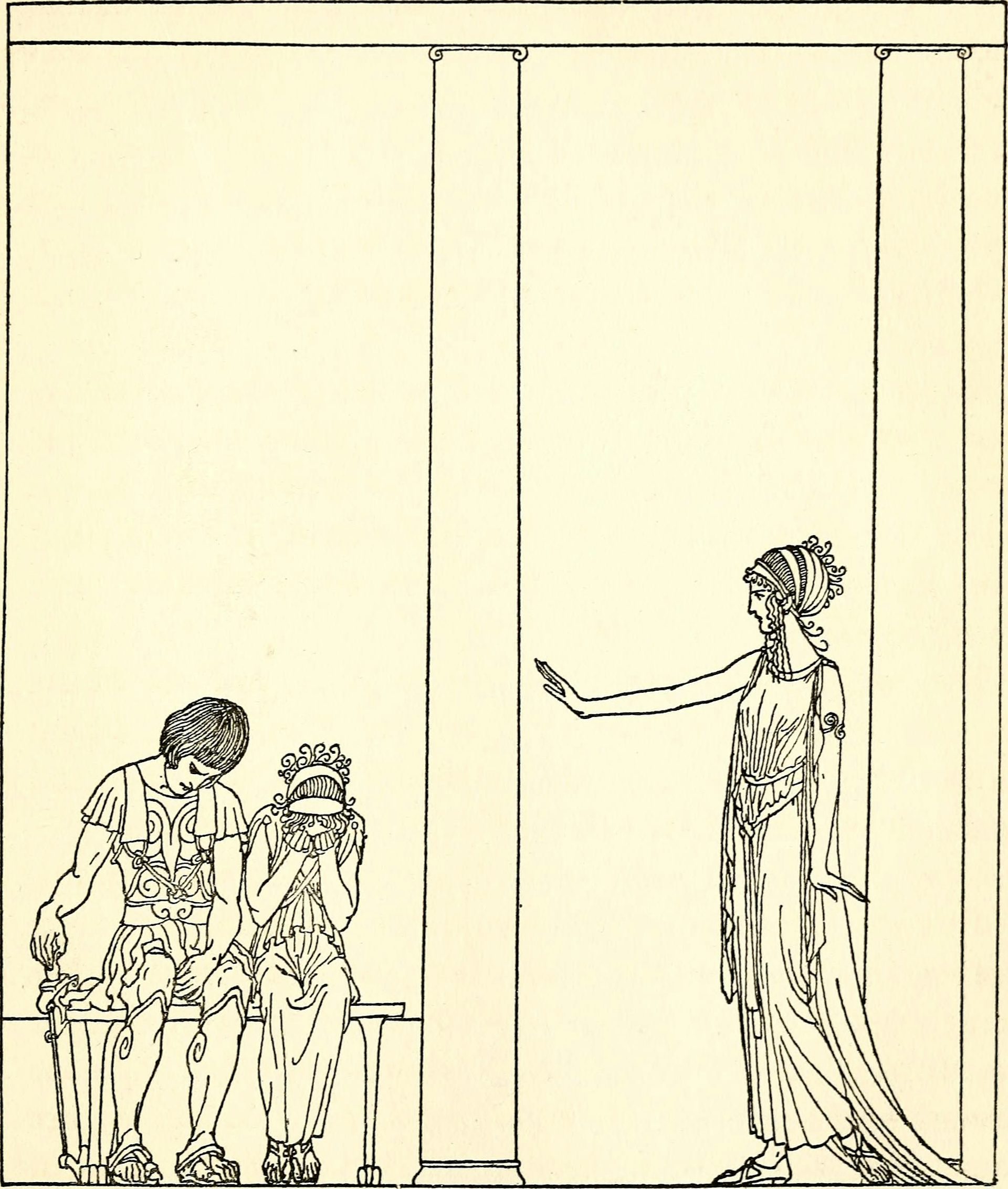 Medea and Jason seeking purification from Circe. Drawn by Willy Pogány.