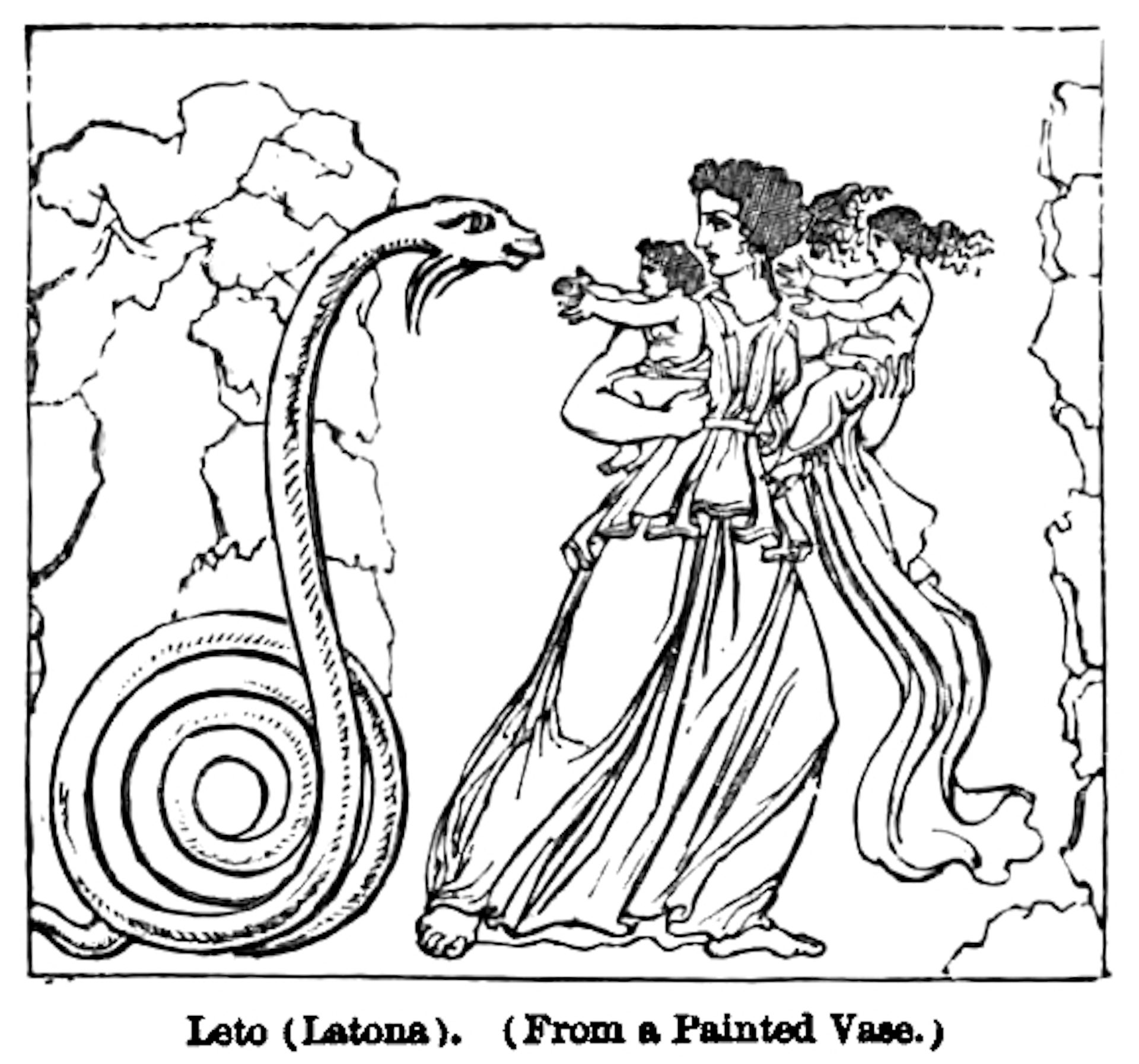 Leto, Apollo, Artemis fleeing Python, lost Apulian red figure neck amphora, early 4th Century BCE