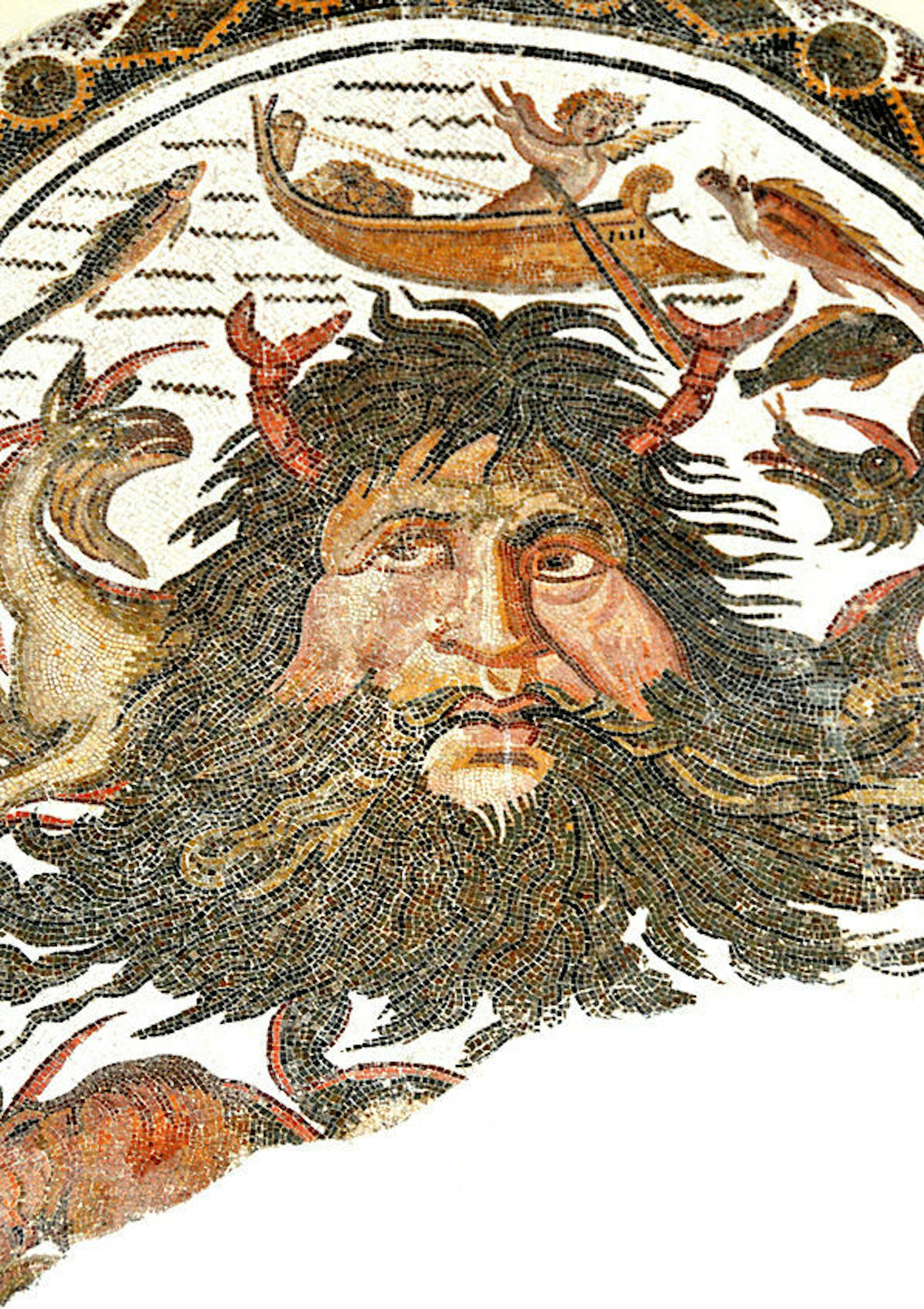Imperial Roman mosaic from Tunisia showing Pontus, bearded and with crab-claw horns
