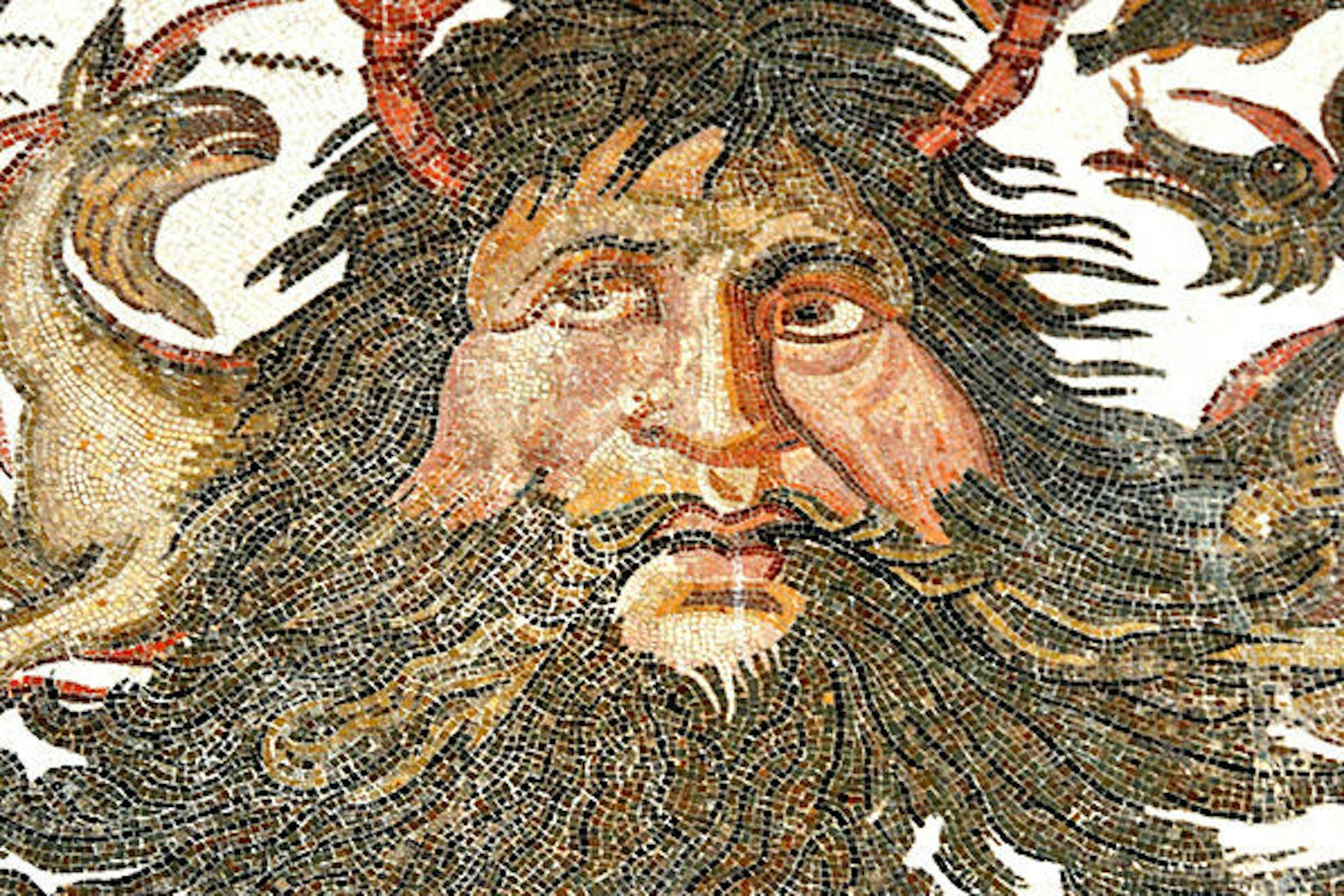 Imperial Roman mosaic from Tunisia showing Pontus, bearded and with crab-claw horns