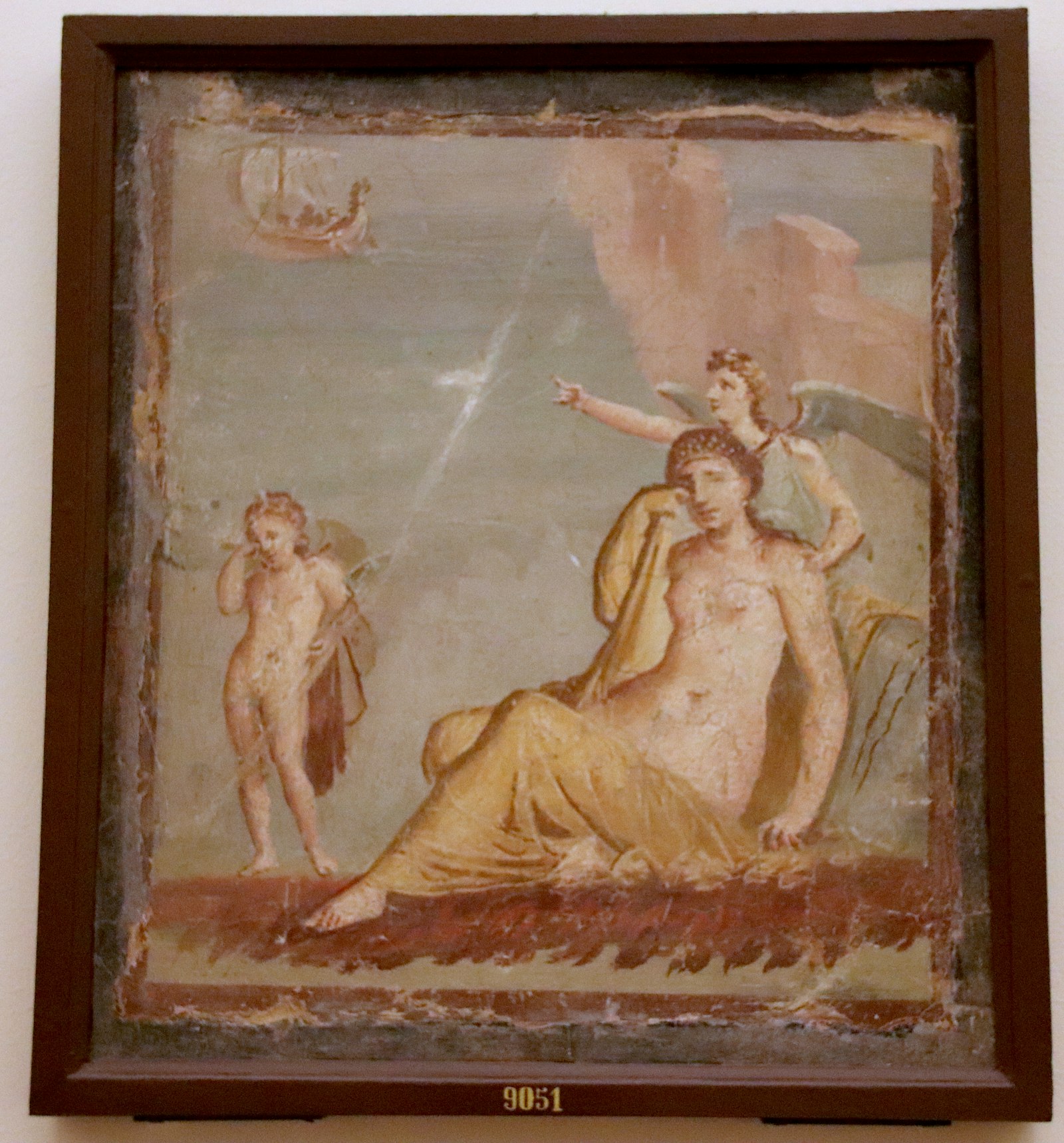 Ariadne weeping as revenge points towards Theseus ship, Roman fresco