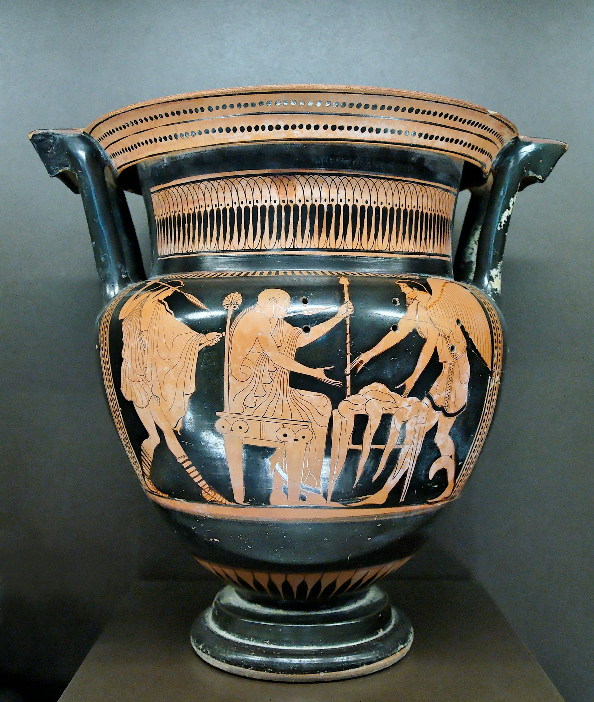Vase painting of Calais and Zetes rescuing Phineus from the Harpies by the Leningrad Painter
