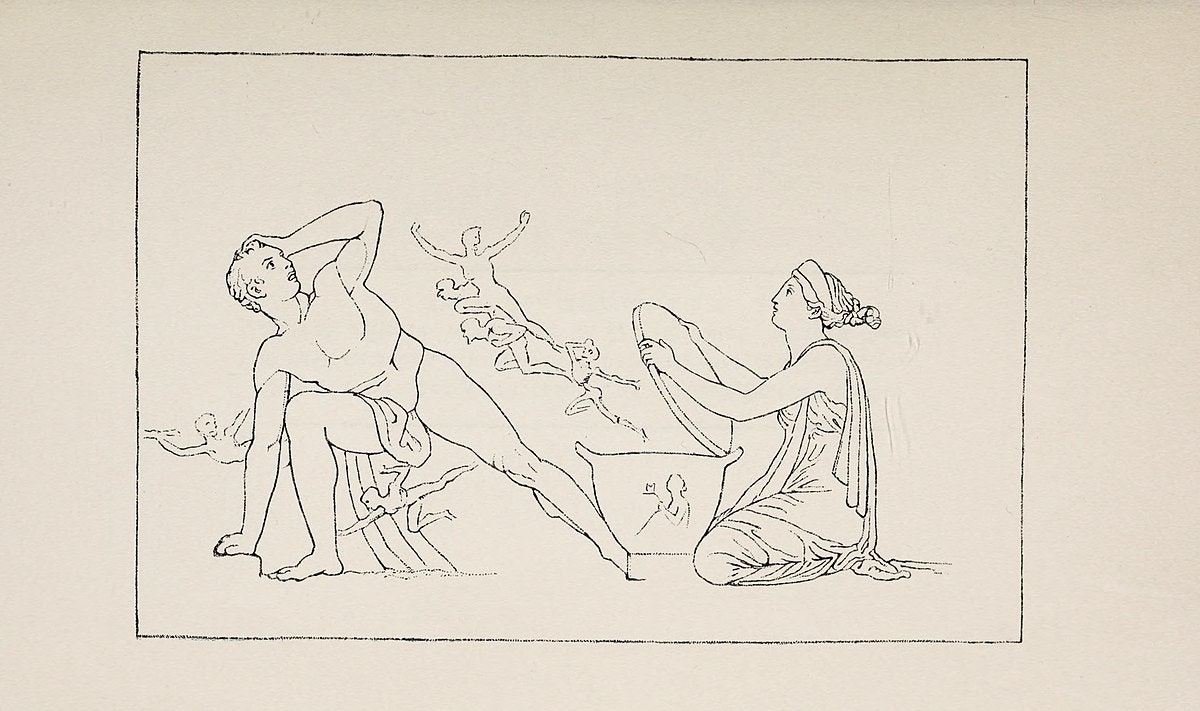 Illustration by John Flaxman showing Pandora opening the jar as Epimetheus stands by (1910). 