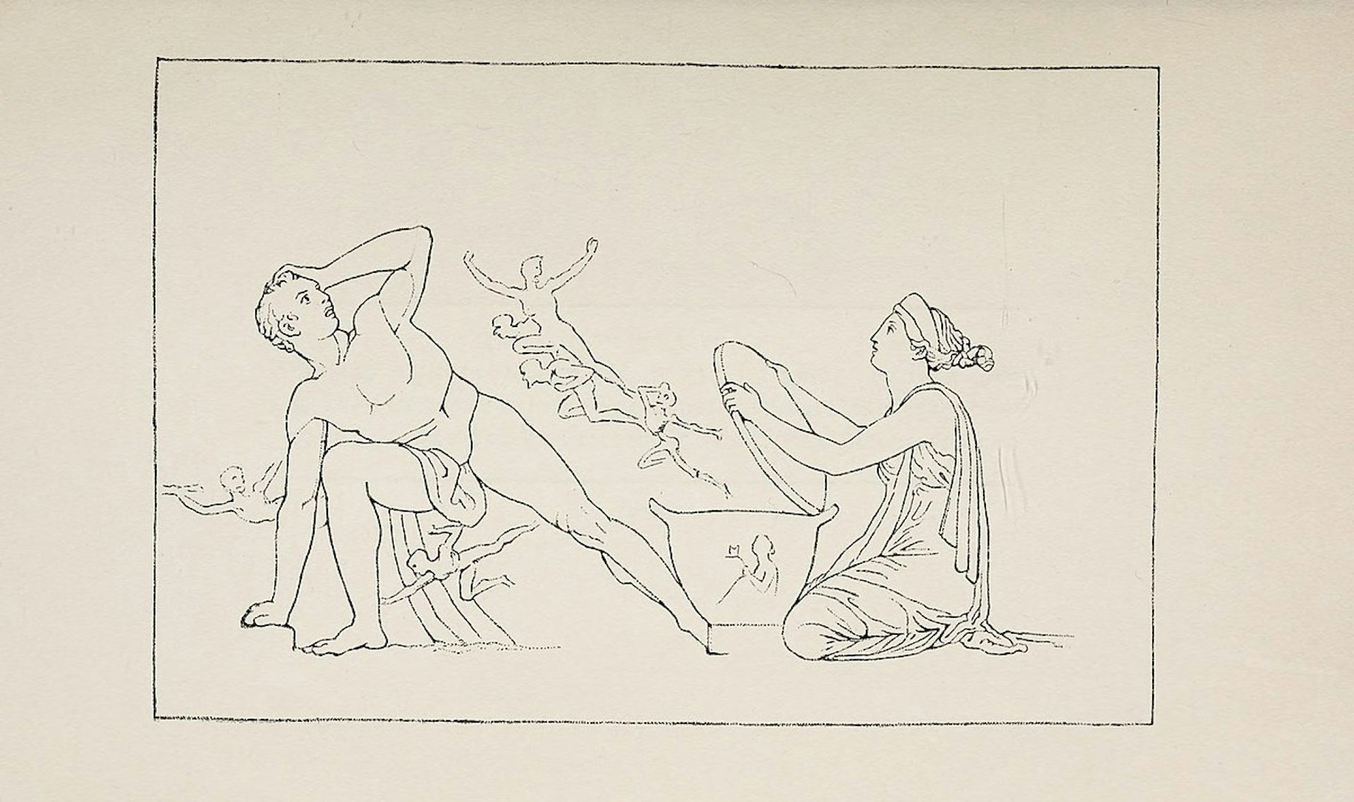 Illustration by John Flaxman showing Pandora opening the jar as Epimetheus stands by (1910). 
