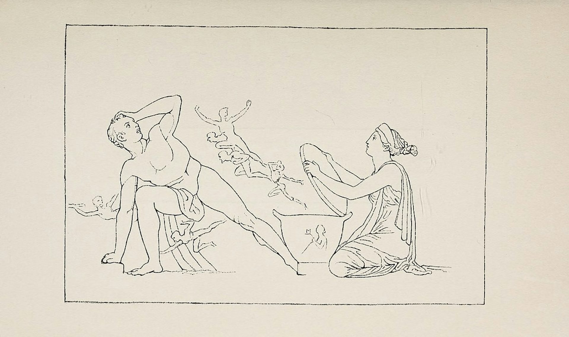 Illustration by John Flaxman showing Pandora opening the jar as Epimetheus stands by (1910).