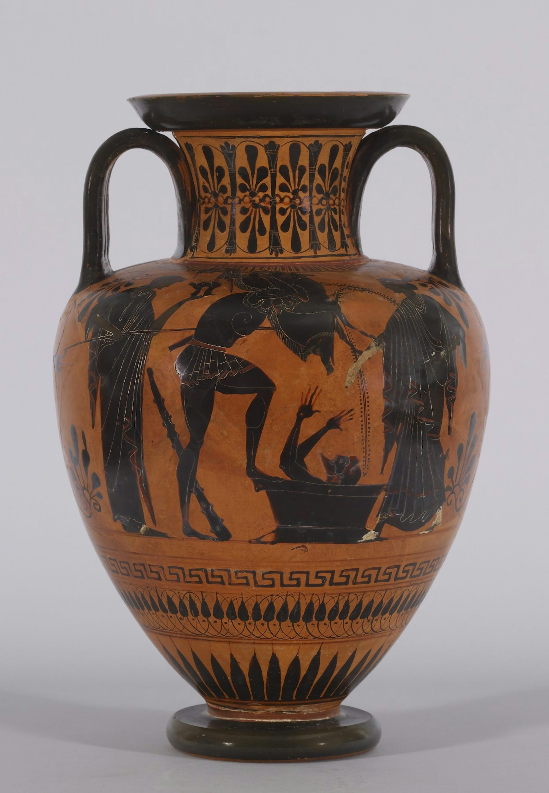 Vase painting of Heracles holding the Erymanthian Boar over Eurystheus