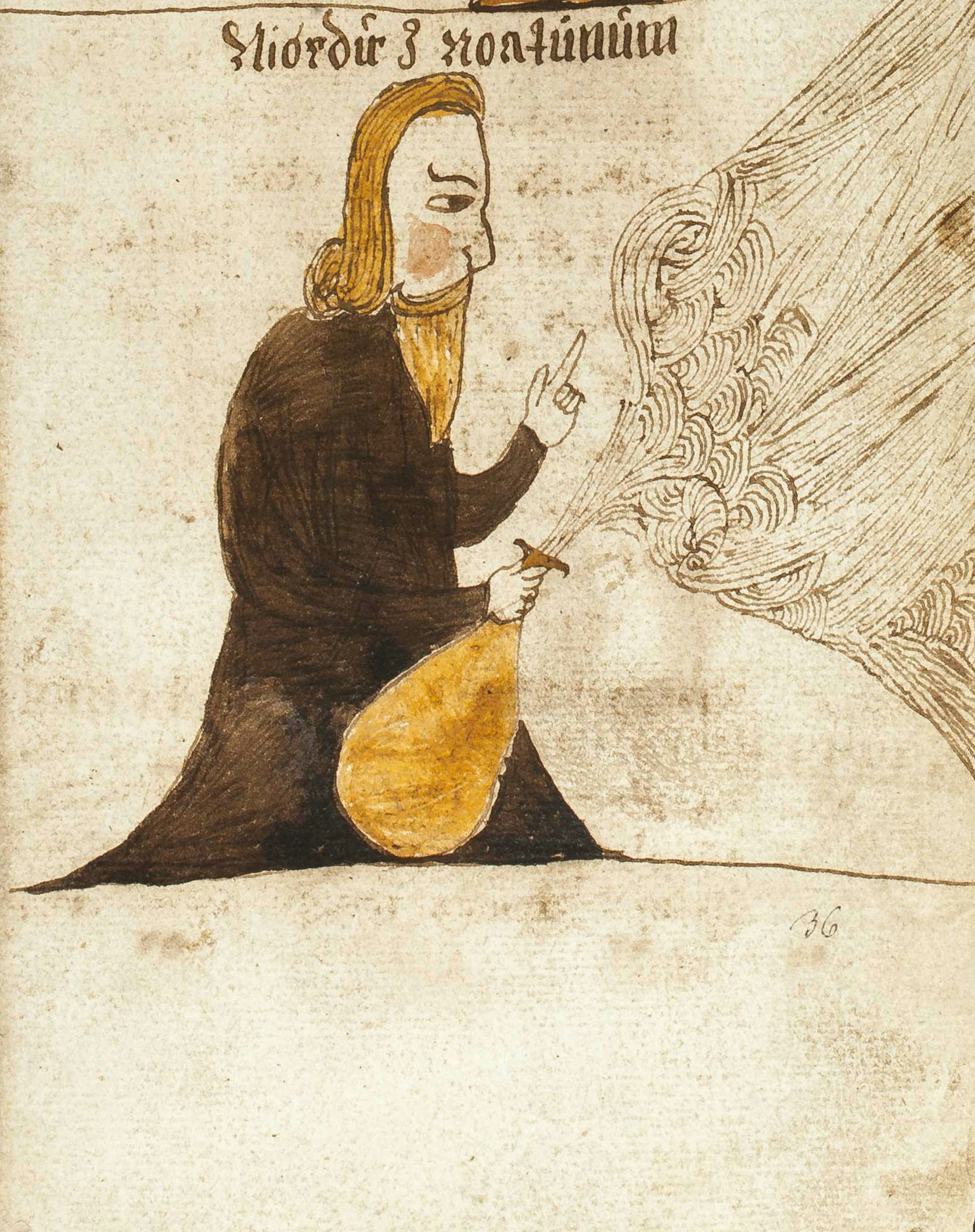 Njord unleashing a bag of winds from Icelandic Snorra Edda (1680)
