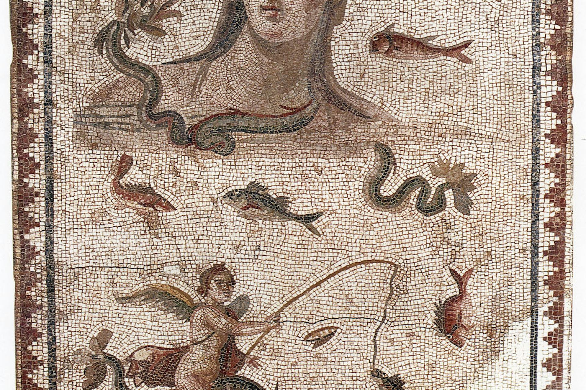 Fragment of floor mosaic depicting Tethys in a marine background from Harbiye, Turkey (ca. 250-275)