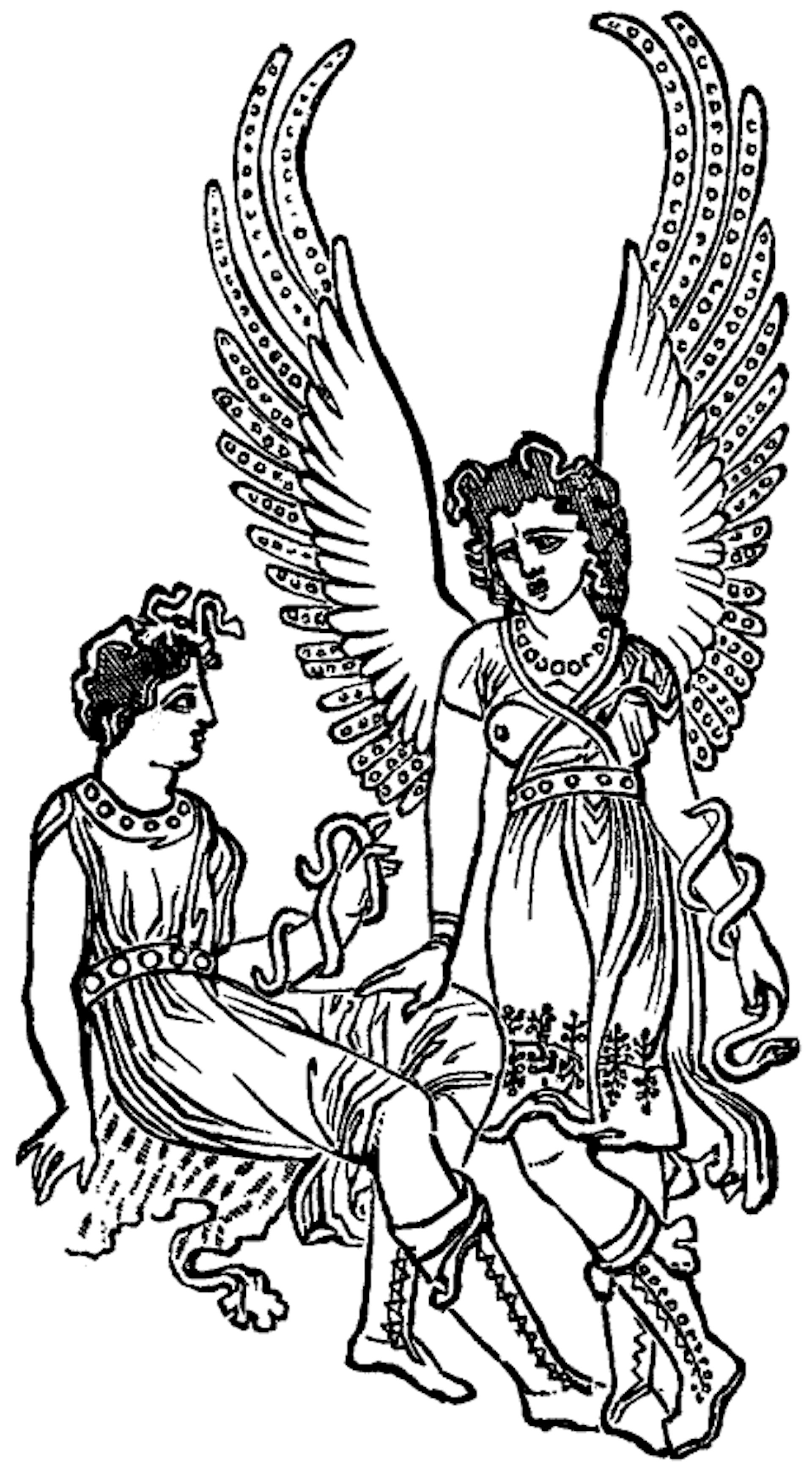 19th century illustration of two Erinyes, after 4th century BCE Apulian vase painting.