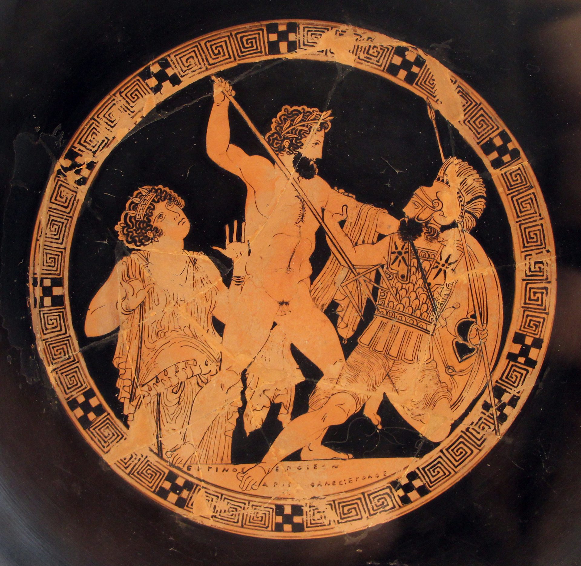Vase painting showing Poseidon killing the Giant Polybotes by Aristophanes and Erginus
