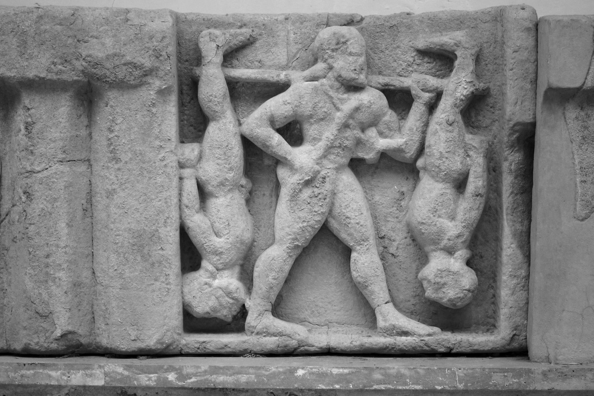 Metope relief showing the Cercopes captured by Heracles