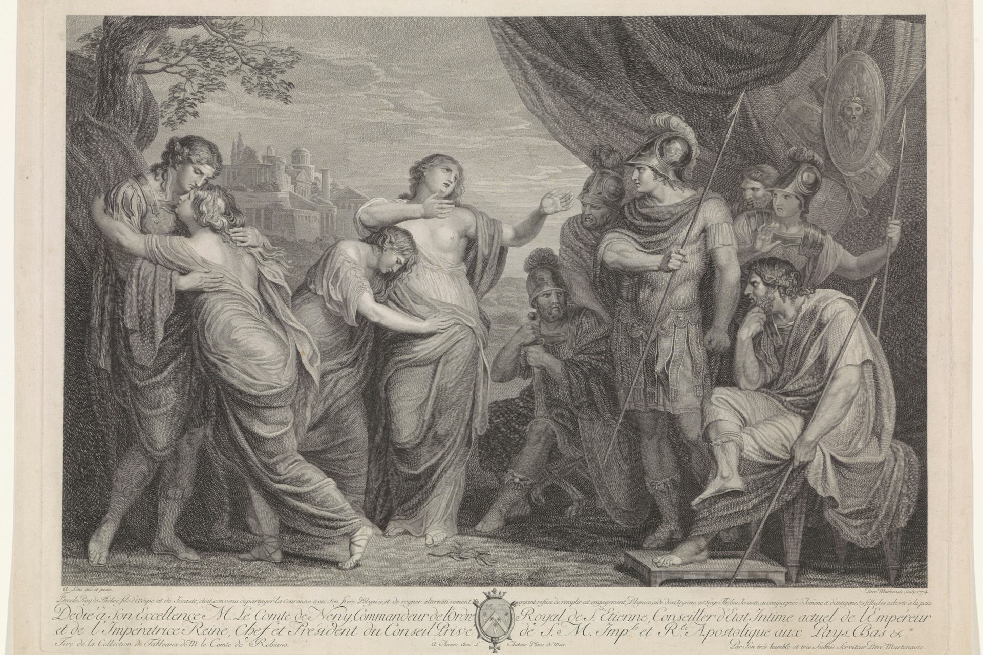 Eteocles and Polynices Exhorted to Make Peace by their Mother Jocasta by Pieter Franciscus Martenasie, after Andries Lens