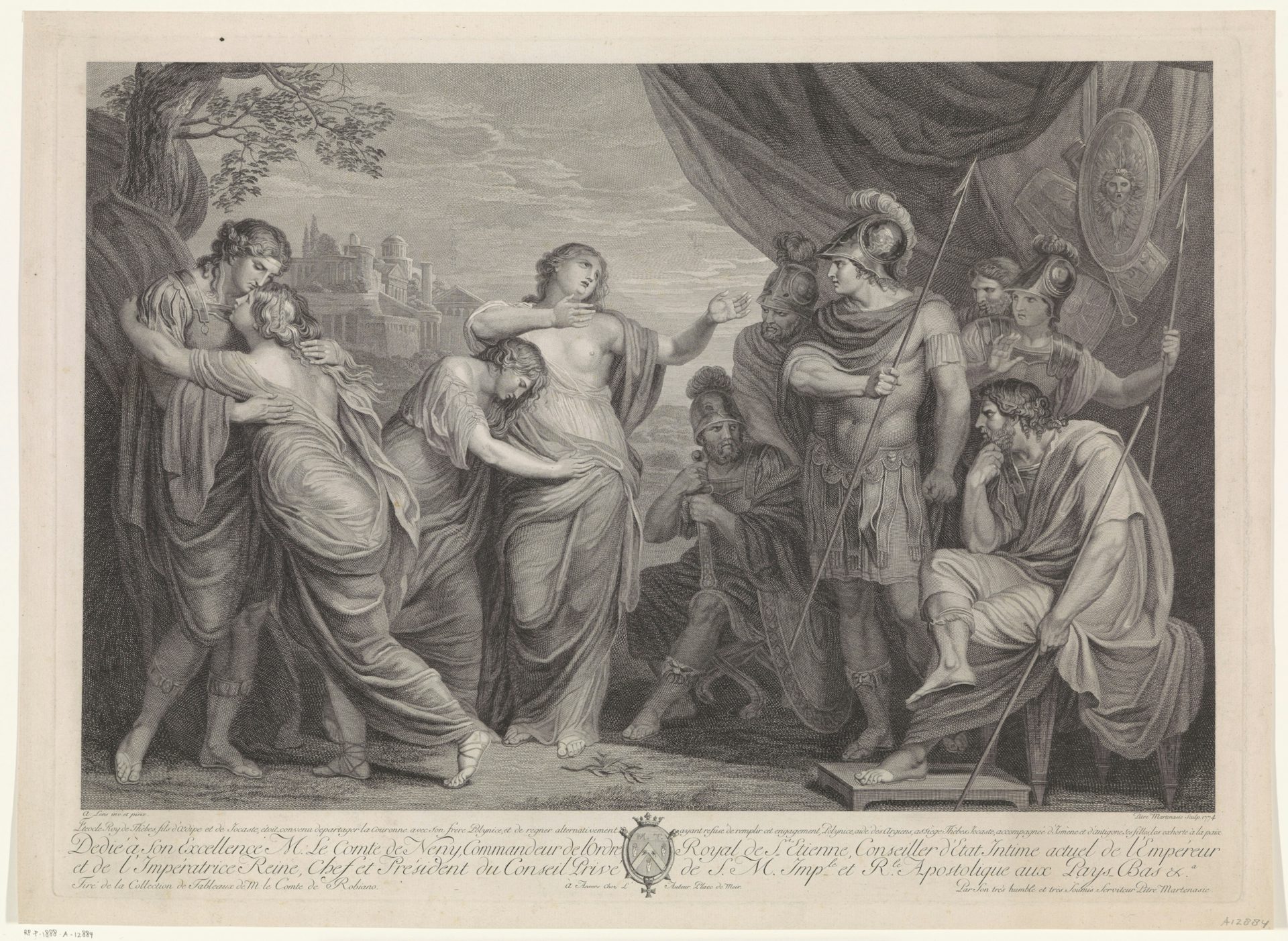 Eteocles and Polynices Exhorted to Make Peace by their Mother Jocasta by Pieter Franciscus Martenasie, after Andries Lens