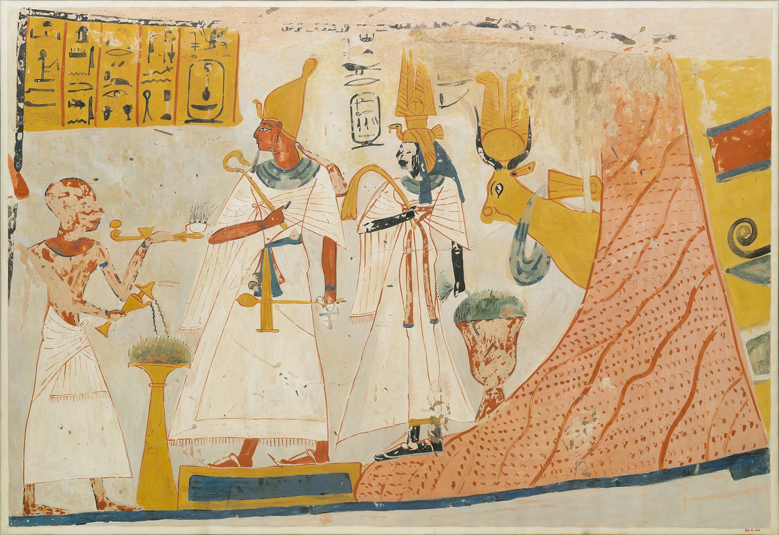 Deceased censing and libating to the deified Mentuhotep and Ahmose-Nefertari, with the Hathor cow emerging from the mountain; Tomb of Ameneminet