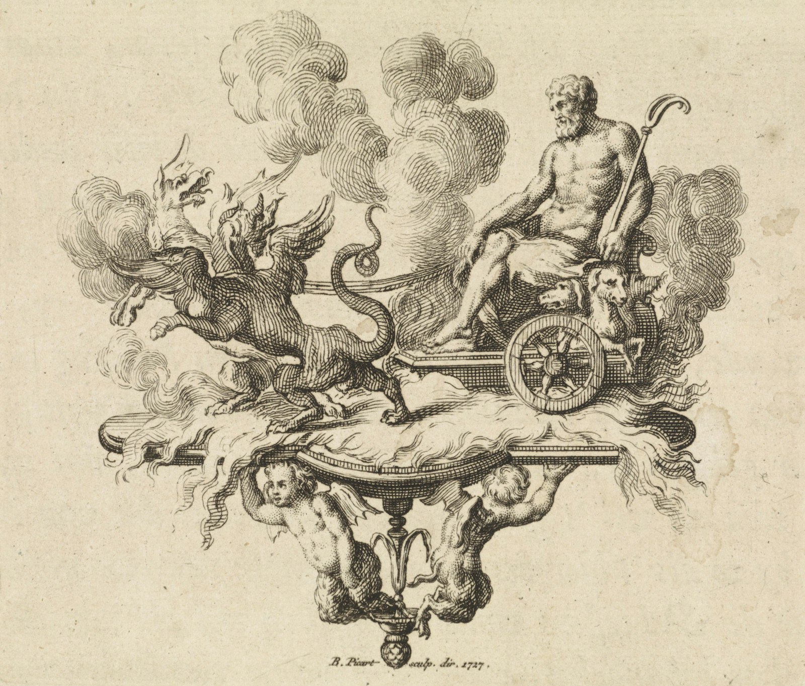 Pluto and Cerberus with Chariot Engraving 1727 Rijksmuseum