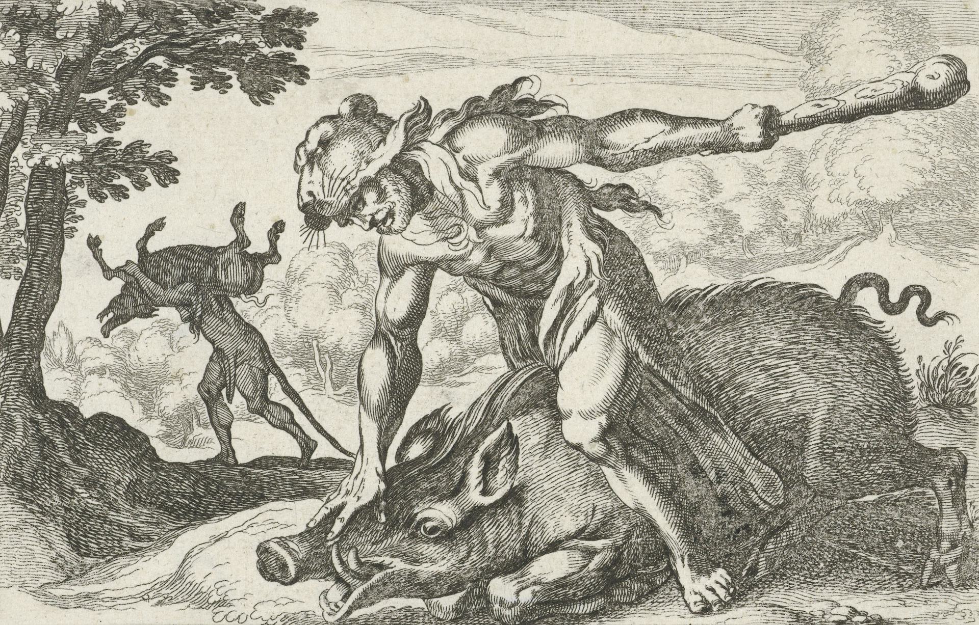 Hercules catching the boar of Erymanthus by Simon Frisius, after Antonio Tempesta (ca. 1610–64)