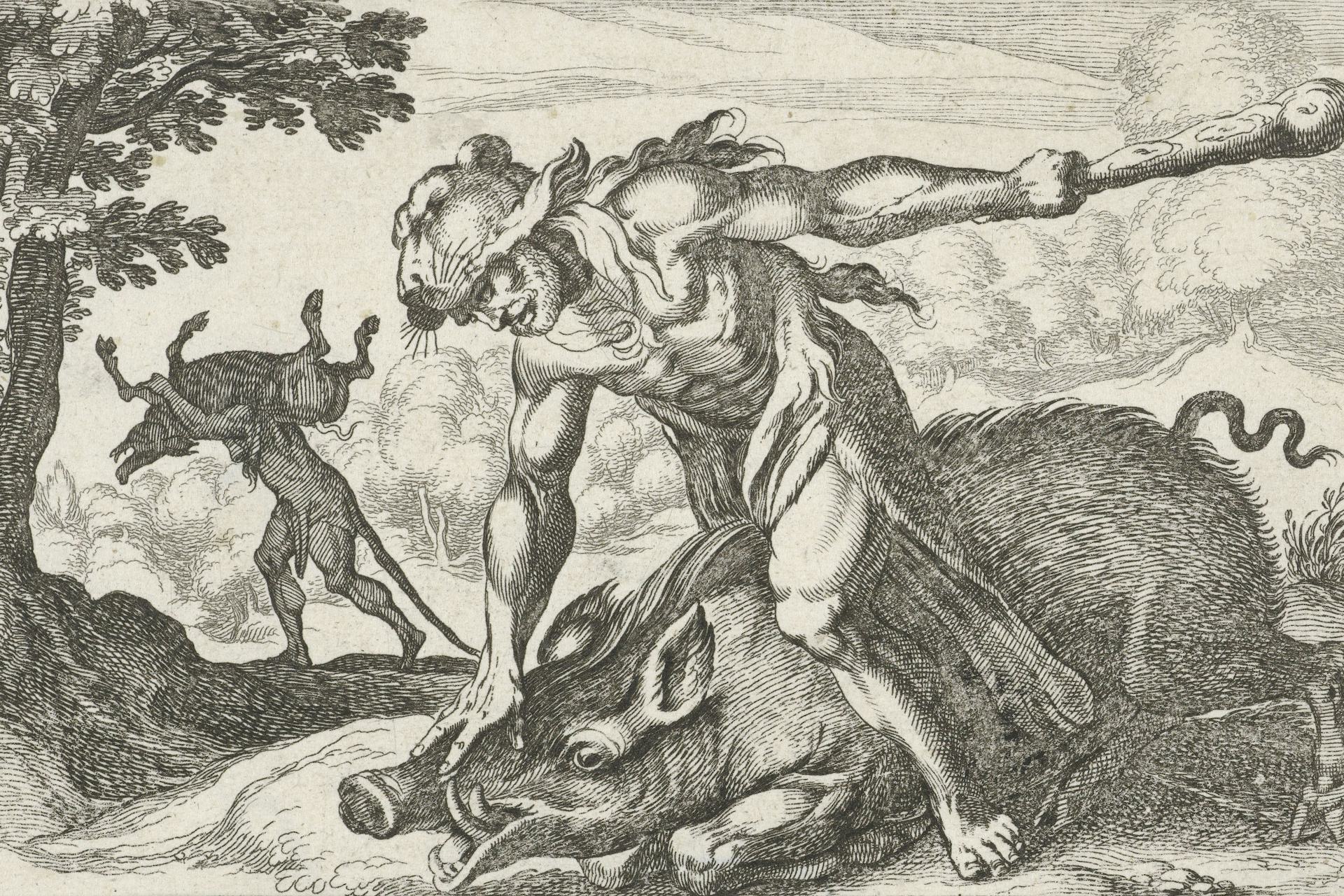 Hercules catching the boar of Erymanthus by Simon Frisius, after Antonio Tempesta (ca. 1610–64)