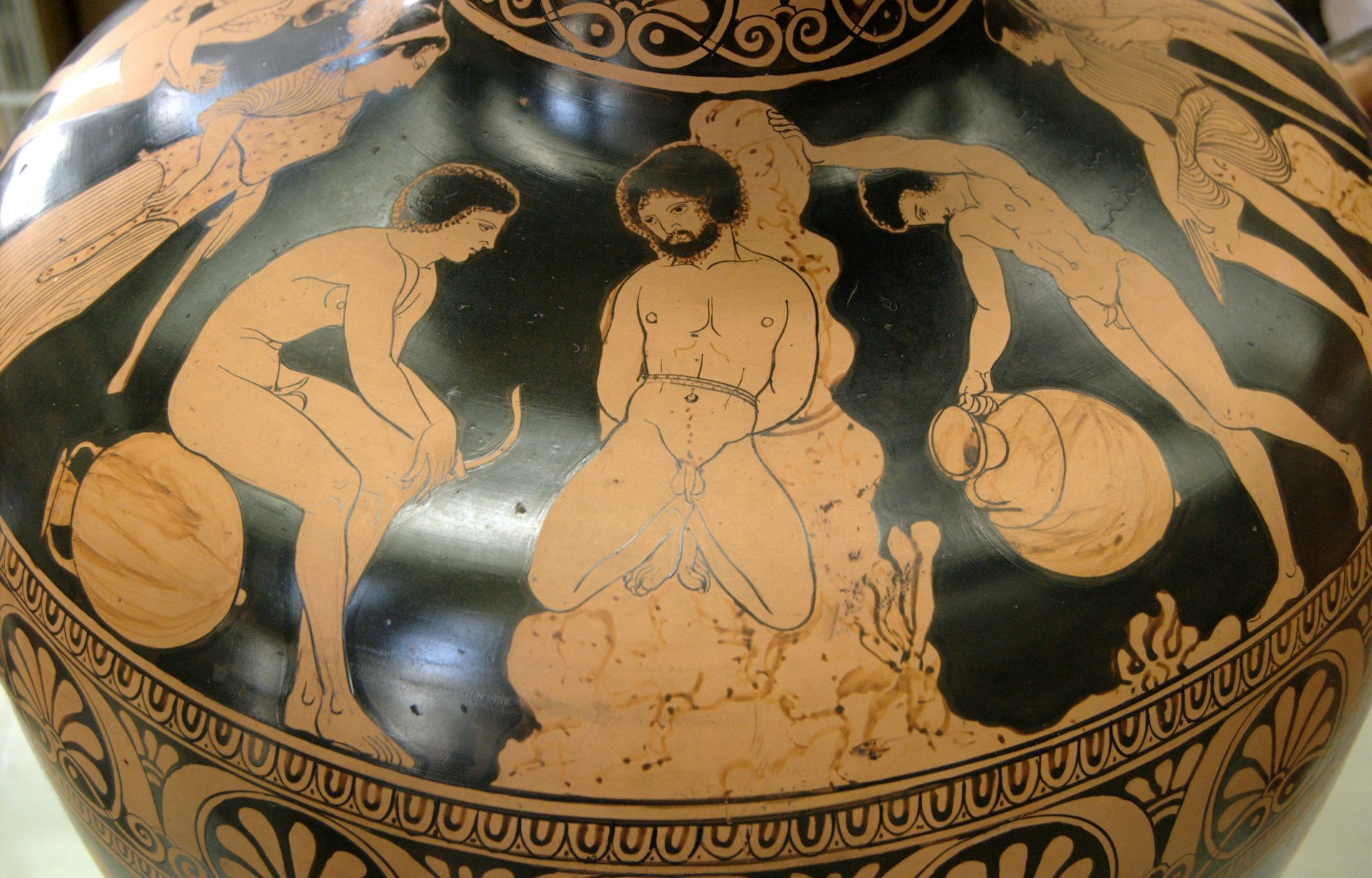 Vase painting of Amycus bound by the Argonauts from a Lucanian red-figure hydria by the Amycus Painter
