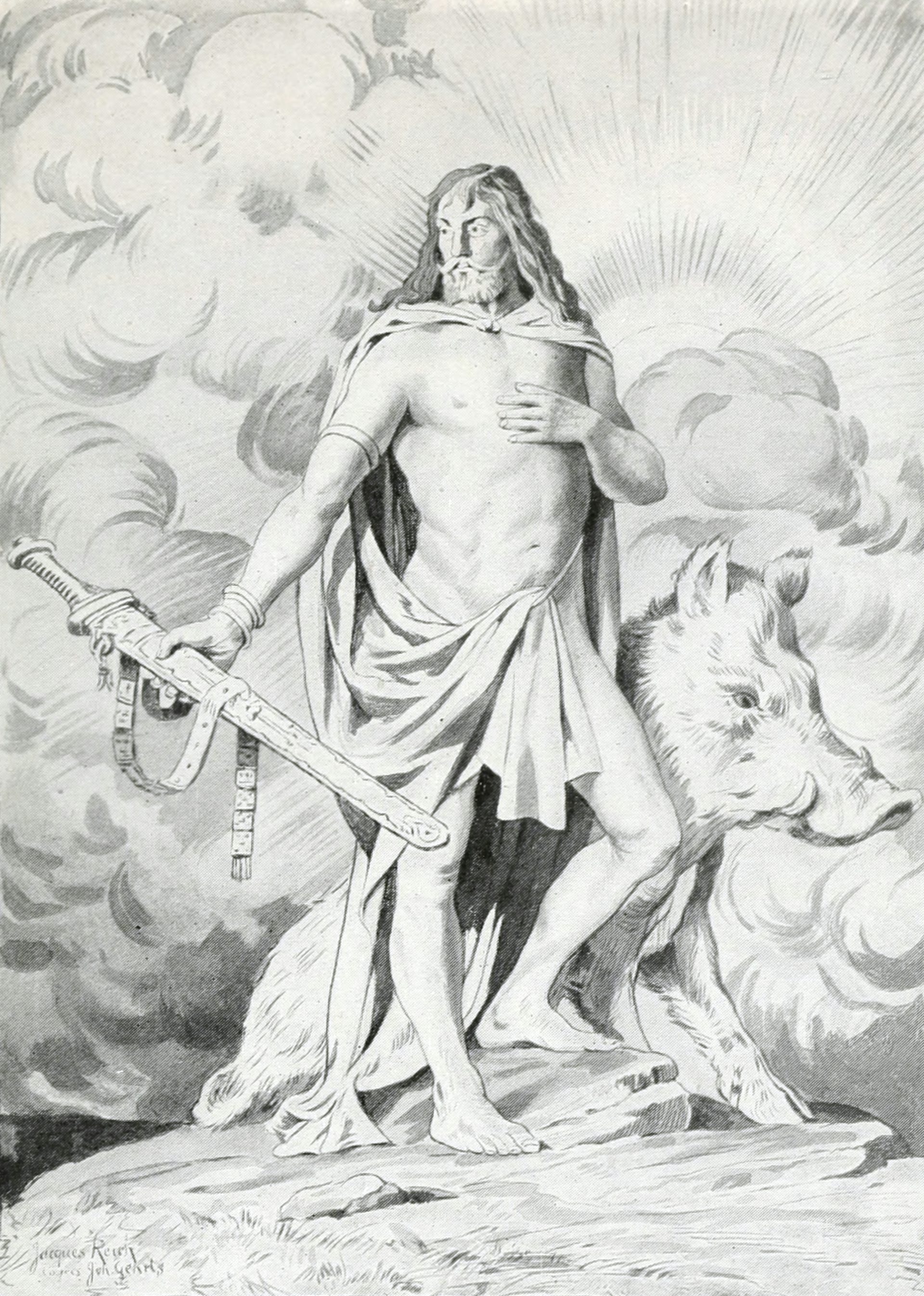 illustration of Freyr with his boar Gullinbursti