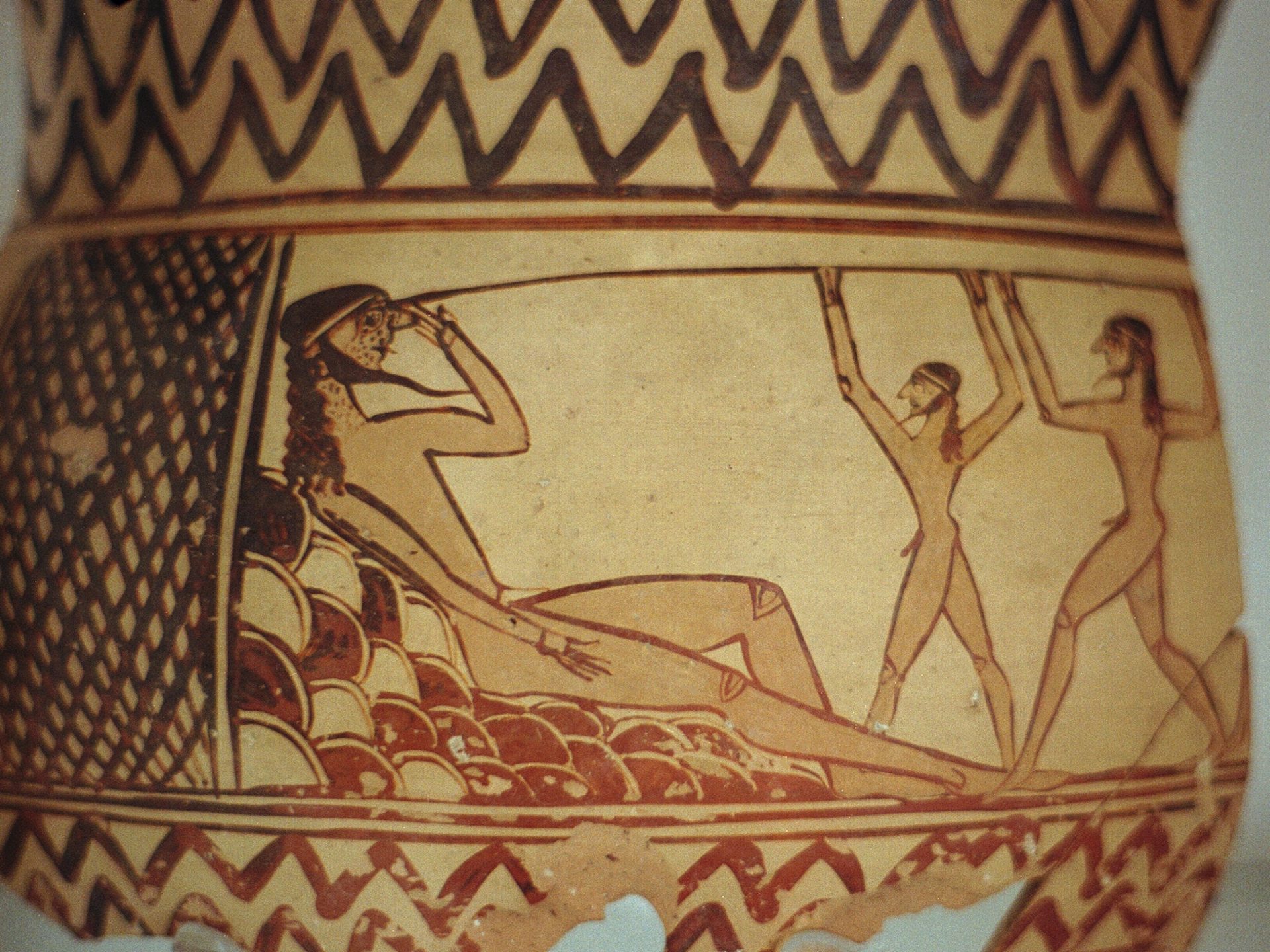 Vase painting of Odysseus blinding the Cyclops Polyphemus