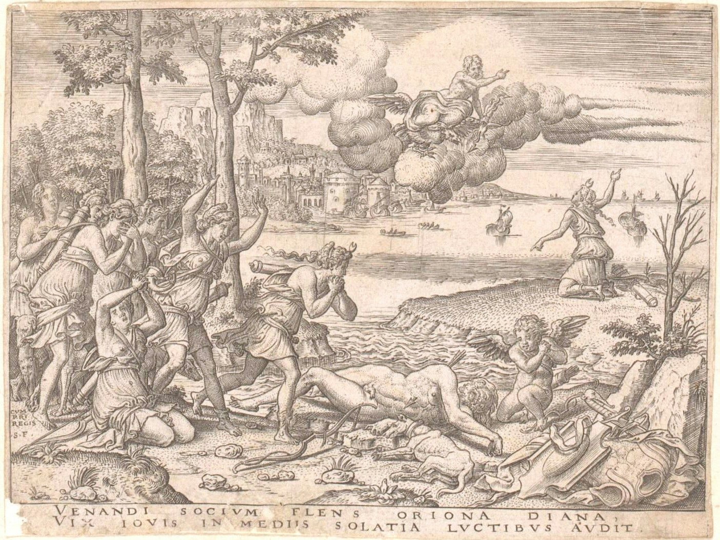 Orion is Killed by Diana During the Hunt Etching 1547-1548 Rijksmuseum