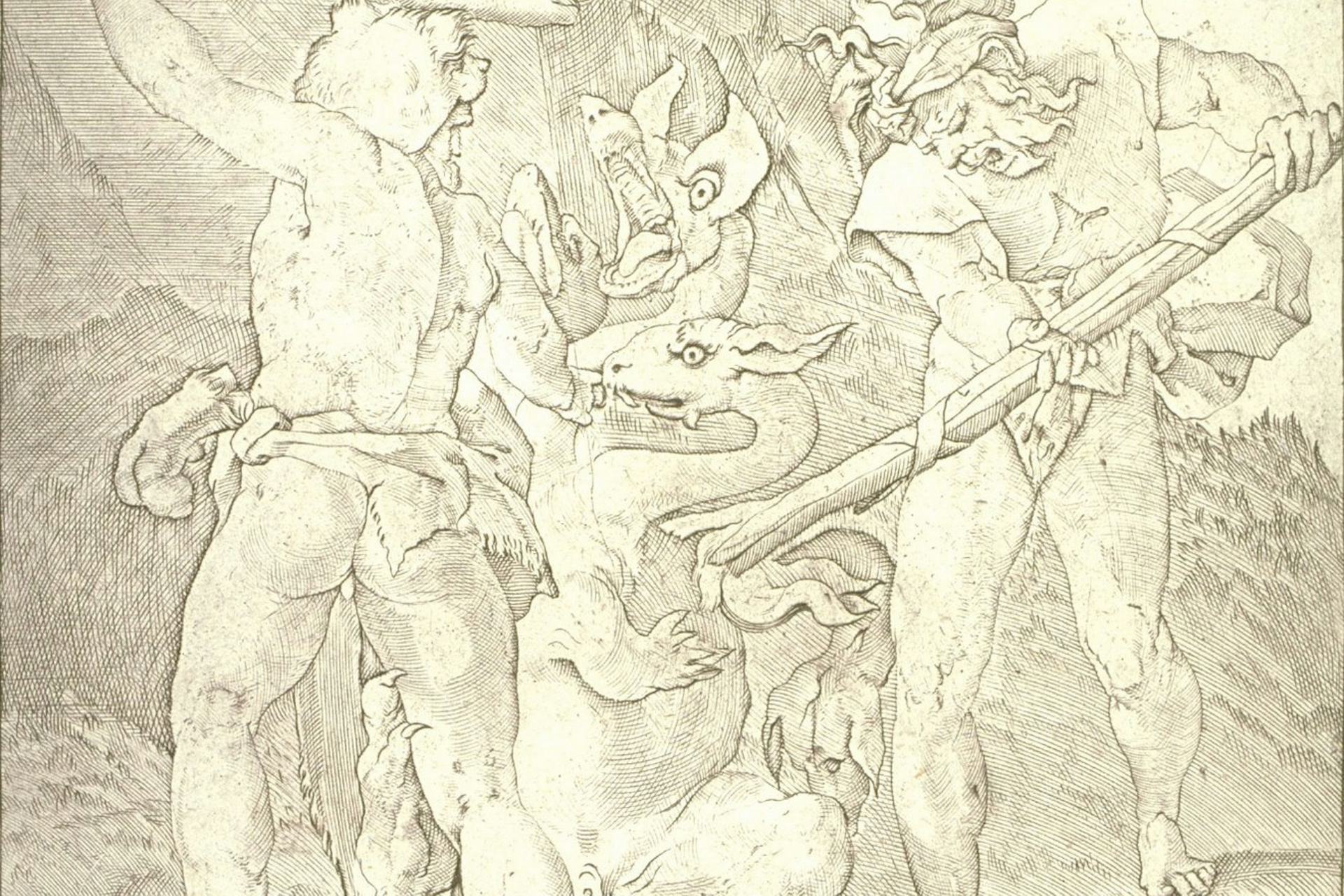 Engraving of the second labor of Heracles by Giovanni Jacopo Caraglio