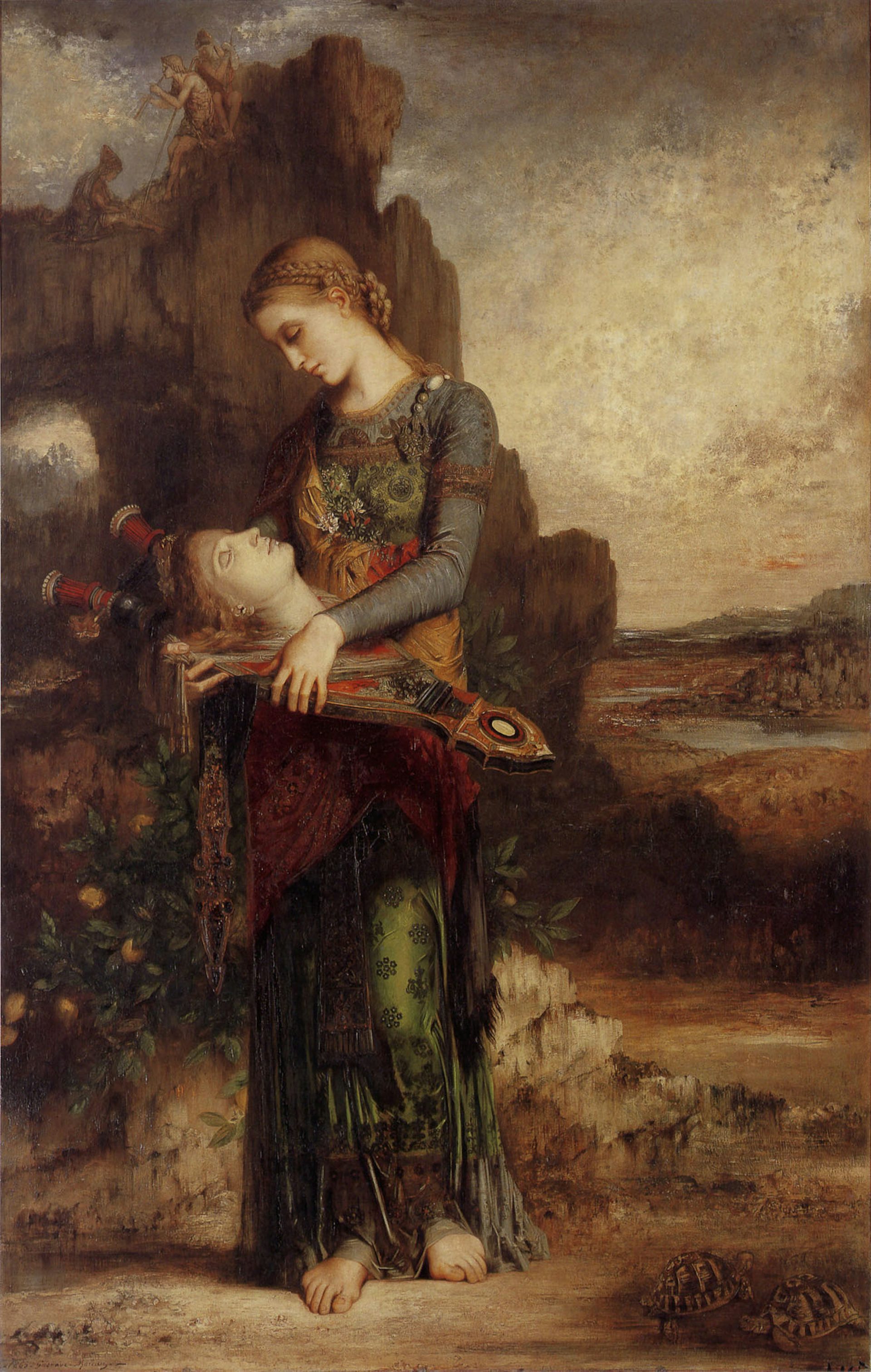 Thracian Girl Carrying the Head of Orpheus on his Lyre by Gustave Moreau (1865)
